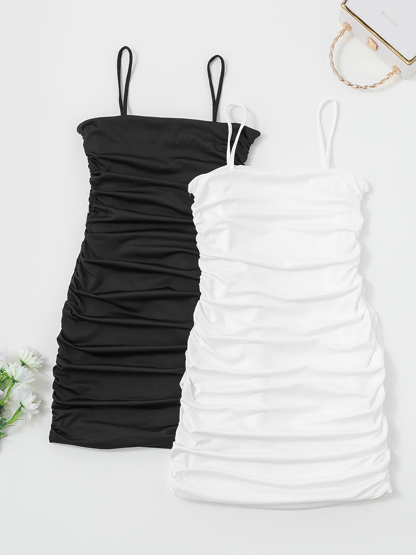 Sixsr 2pcs Solid Bodycon Cami Dress Set, Casual Every Day Dress For Spring & Summer, Women's Clothing