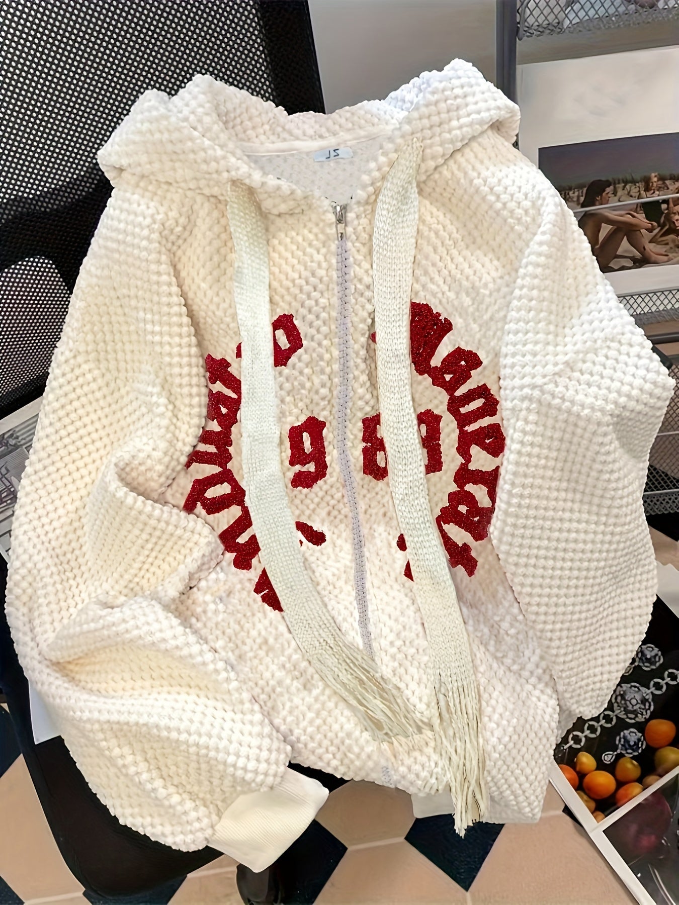 Sixsr Slogan Print Zip-up Textured Hoodie, Casual Long Sleeve Drawstring Hoodie Outerwear, Women's Clothing