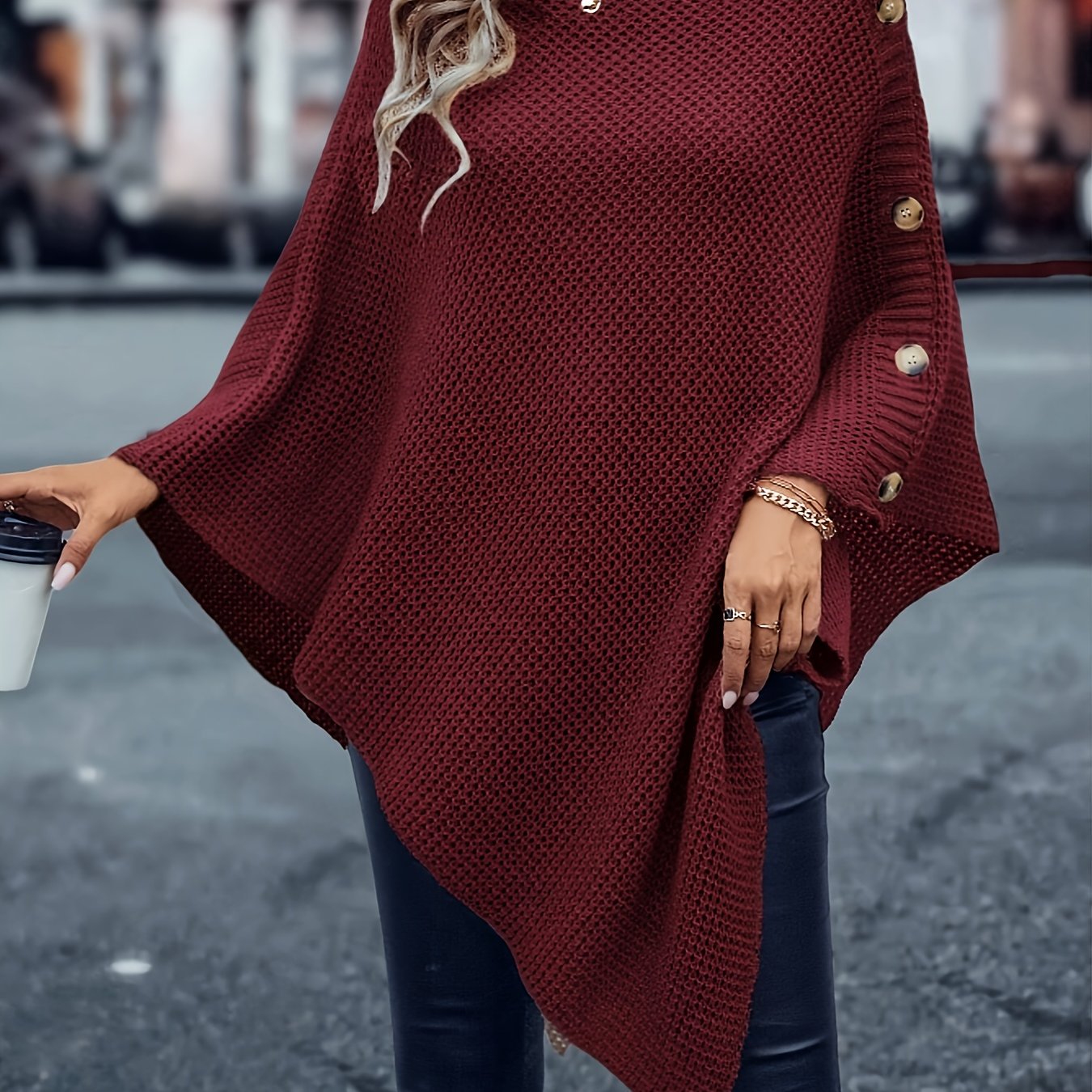 Sixsr Solid Cape Knit Sweater, Elegant Turtleneck Asymmetrical Hem Sweater, Women's Clothing