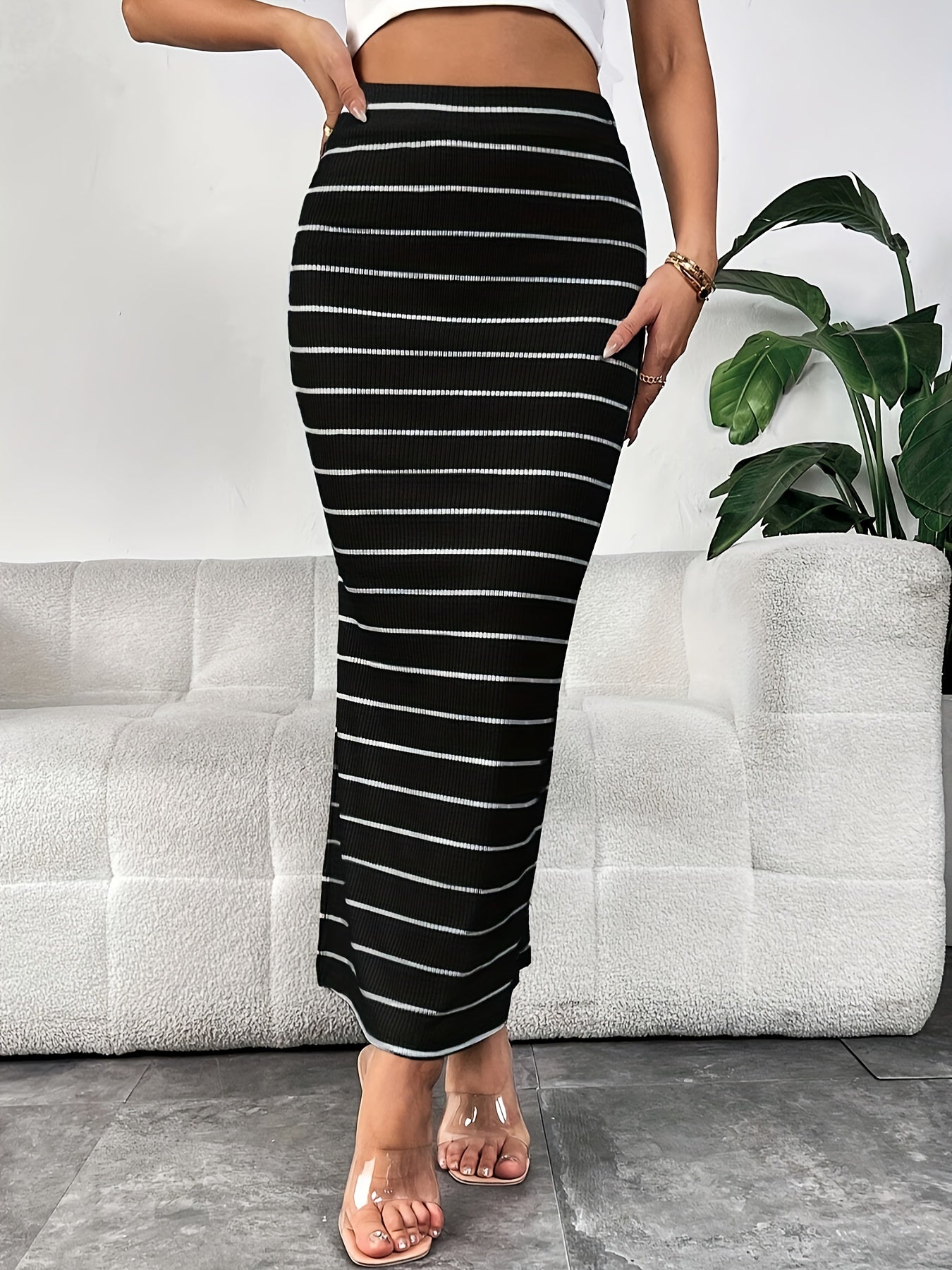 Sixsr Striped Print Split Skirts, Elegant High Waist Midi Skirts, Women's Clothing