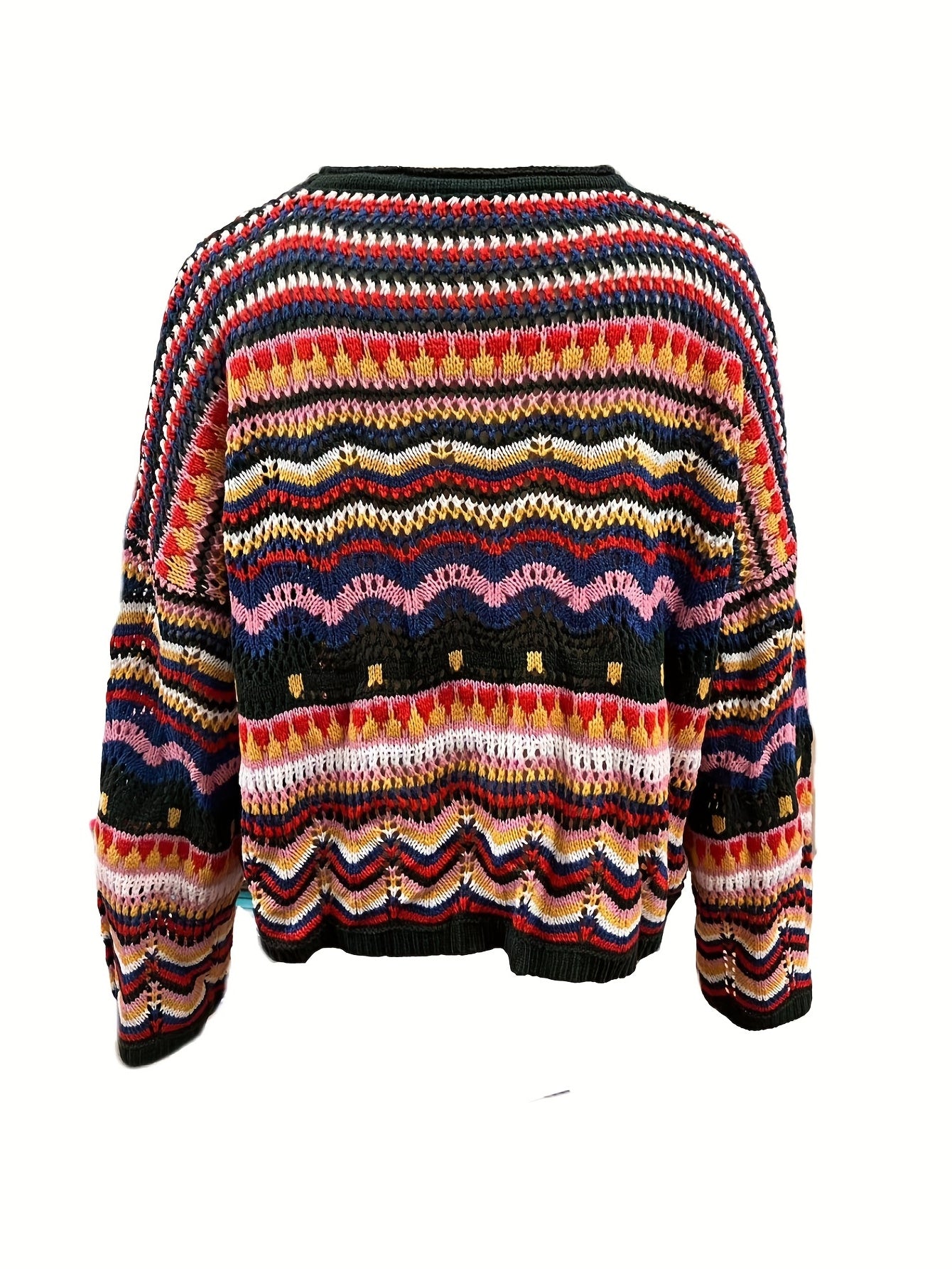 Sixsr Western Chevron Pattern Open Knit Tops, Long Sleeve Colorblock Drop Shoulder Sweater, Women's Clothings