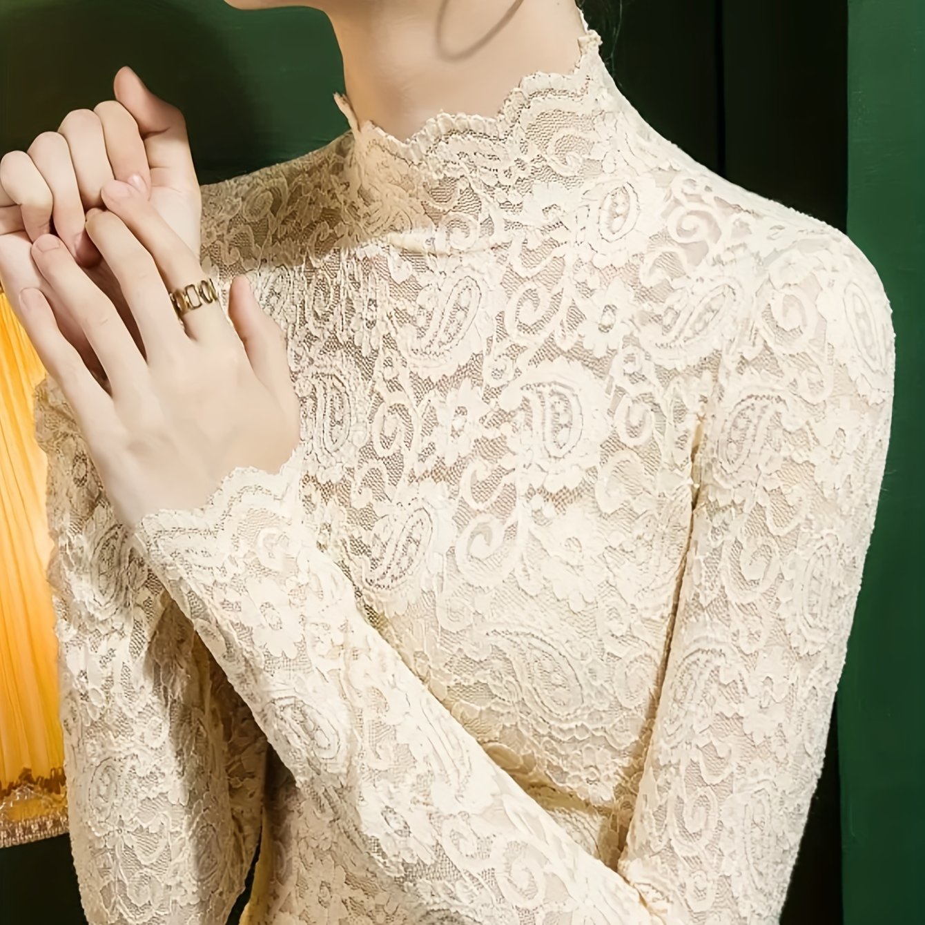 Sixsr Solid Lace Mock Neck Top, Elegant Long Sleeve Top For Spring & Fall, Women's Clothing