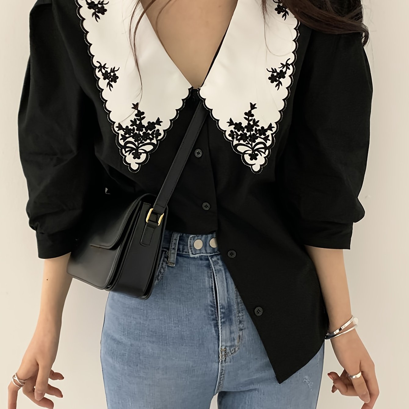 Sixsr Embroidered Peter Pan Collar Blouse, Vintage Half Sleeve Blouse For Spring & Summer, Women's Clothing