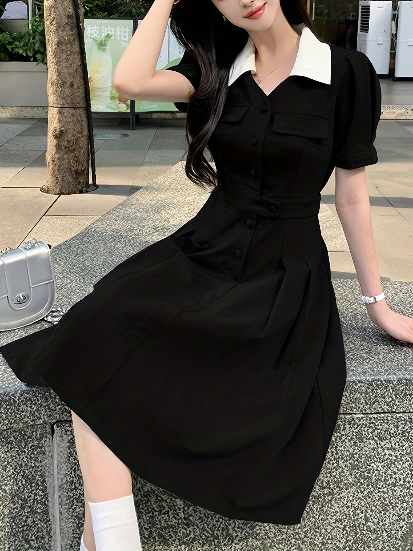 Sixsr Button Front Tucked Dress, Elegant Puff Sleeve V Neck Dress, Women's Clothing