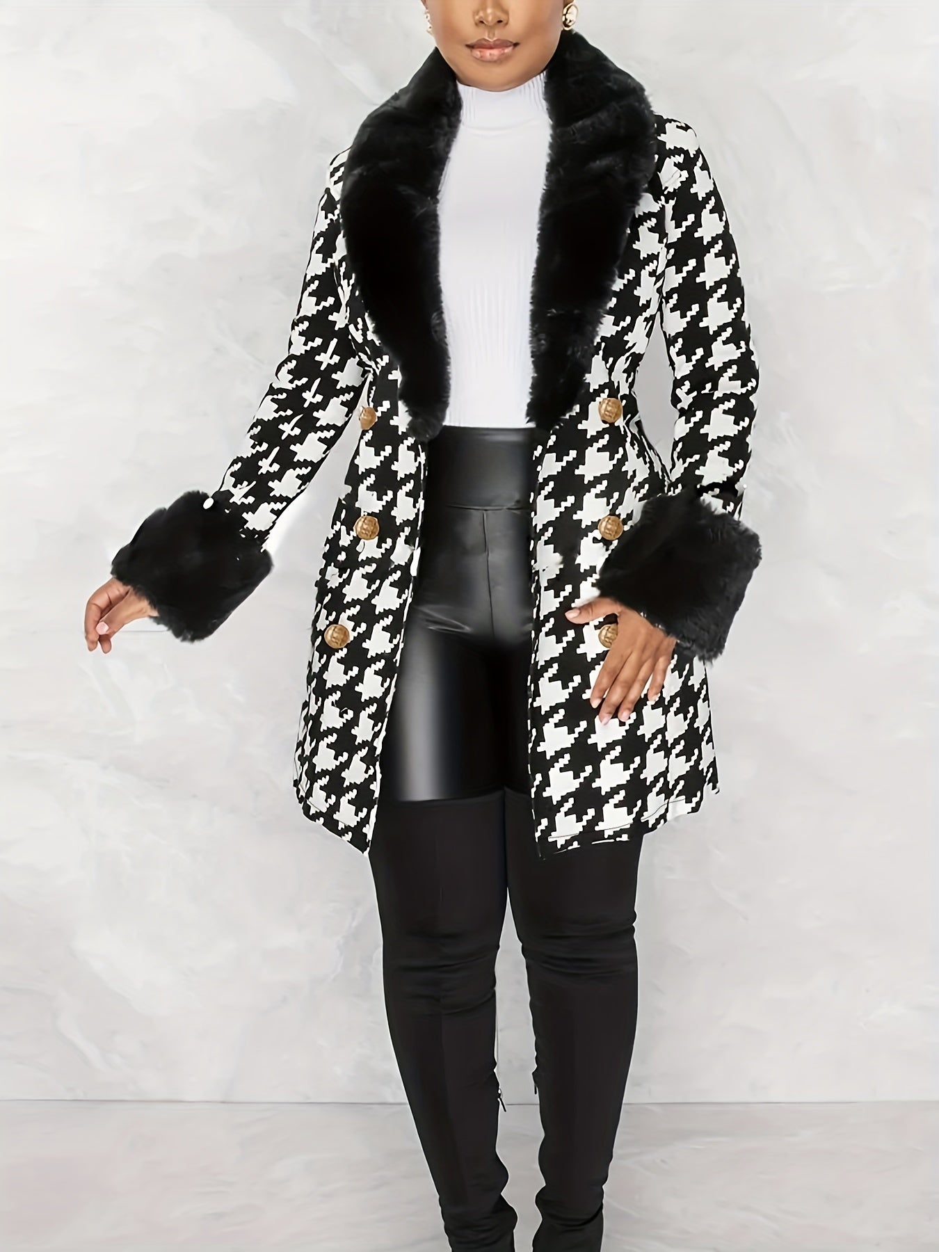 Sixsr Houndstooth Faux-Fur Trim Outwear, Elegant Double Breasted Long Sleeve Belted Coat For Winter, Women's Clothing
