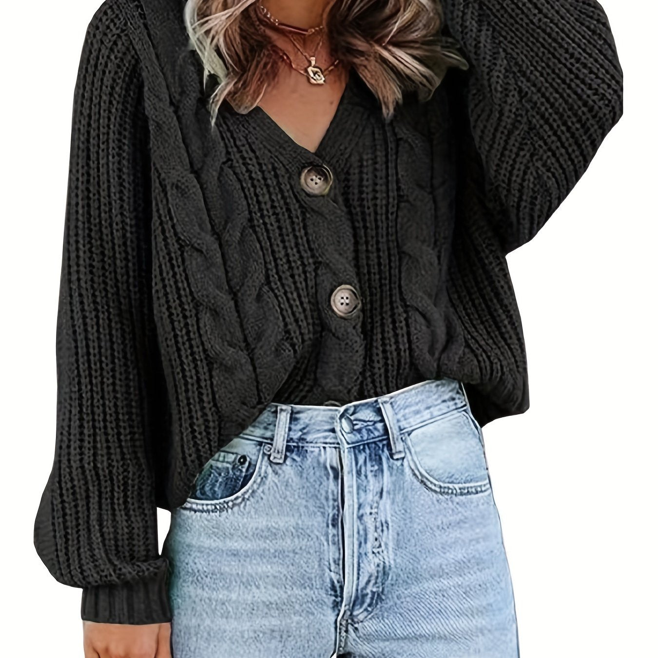 Sixsr Solid Button Front Knit Cardigan, Casual V Neck Long Sleeve Sweater, Women's Clothing