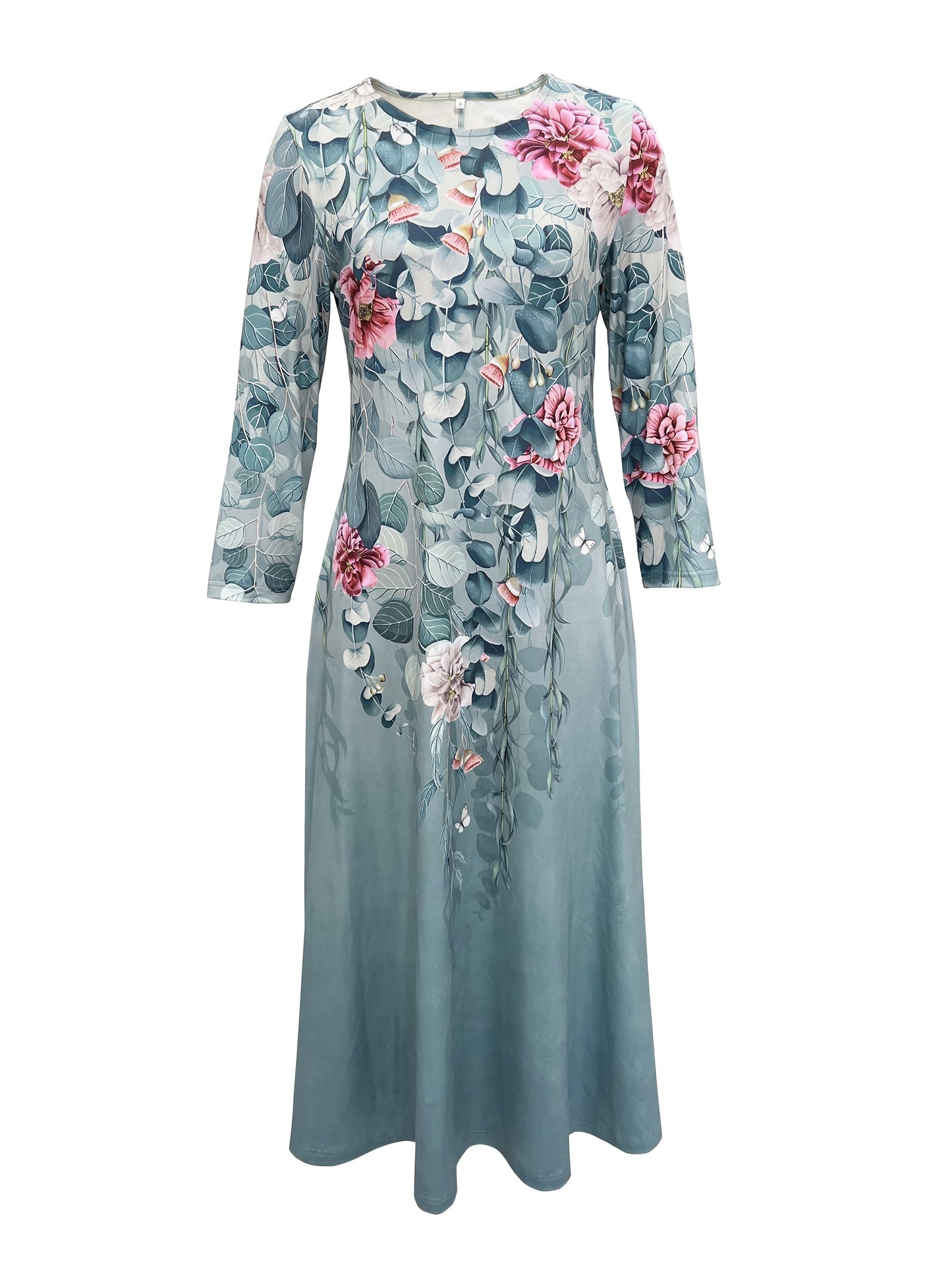 Sixsr Vintage Floral Print Dress, Elegant Crew Neck Long Sleeve Dress, Women's Clothing