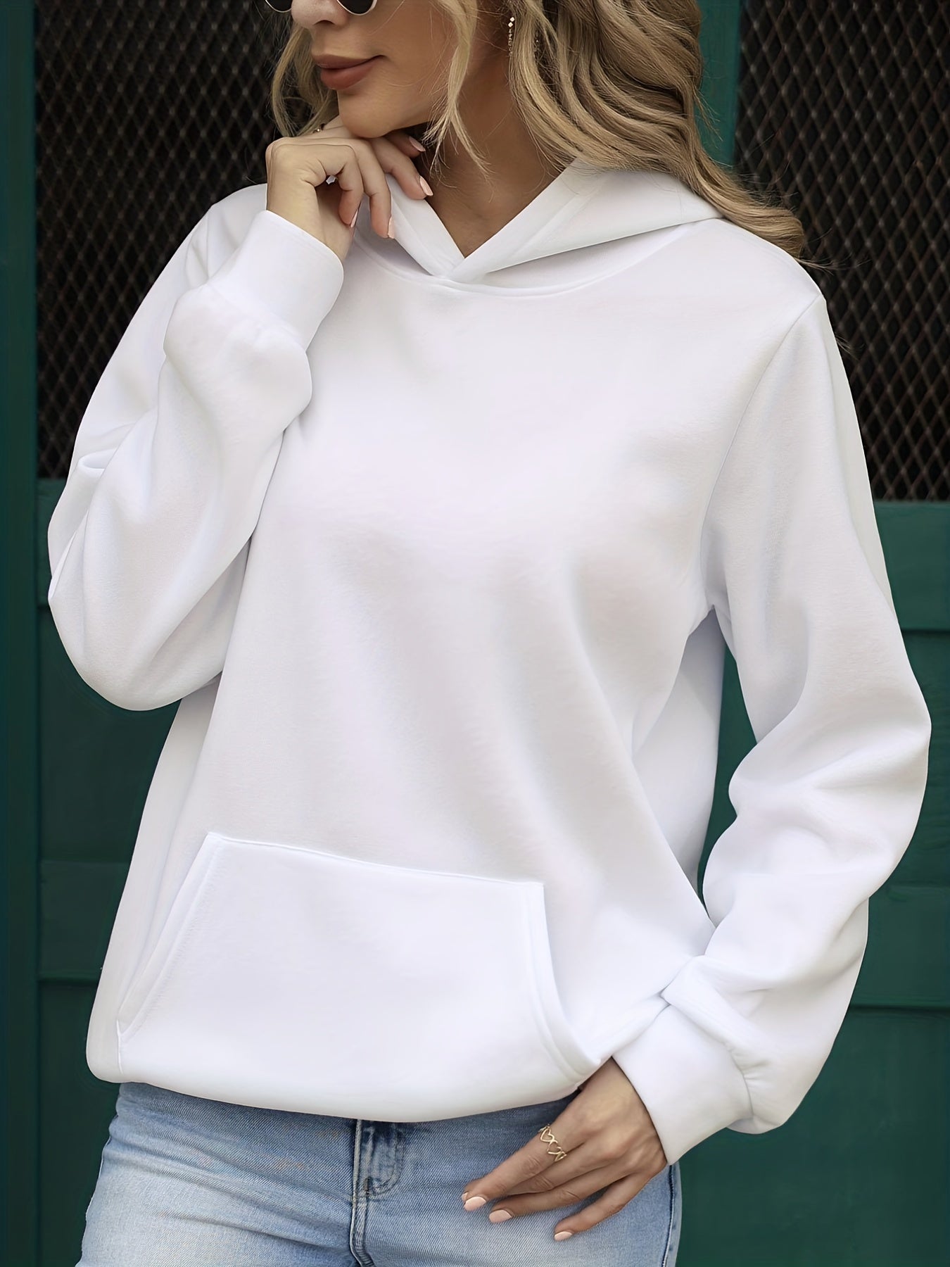 Sixsr Plus Size Casual Sweatshirt, Women's Plus Solid Long Sleeve Slight Stretch Hoodie Sweatshirt