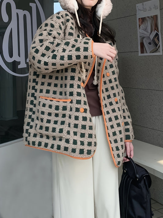Sixsr Plaid Pattern Double-breasted Coat, Casual Long Sleeve Dual Pocket Warm Outerwear, Women's Clothing