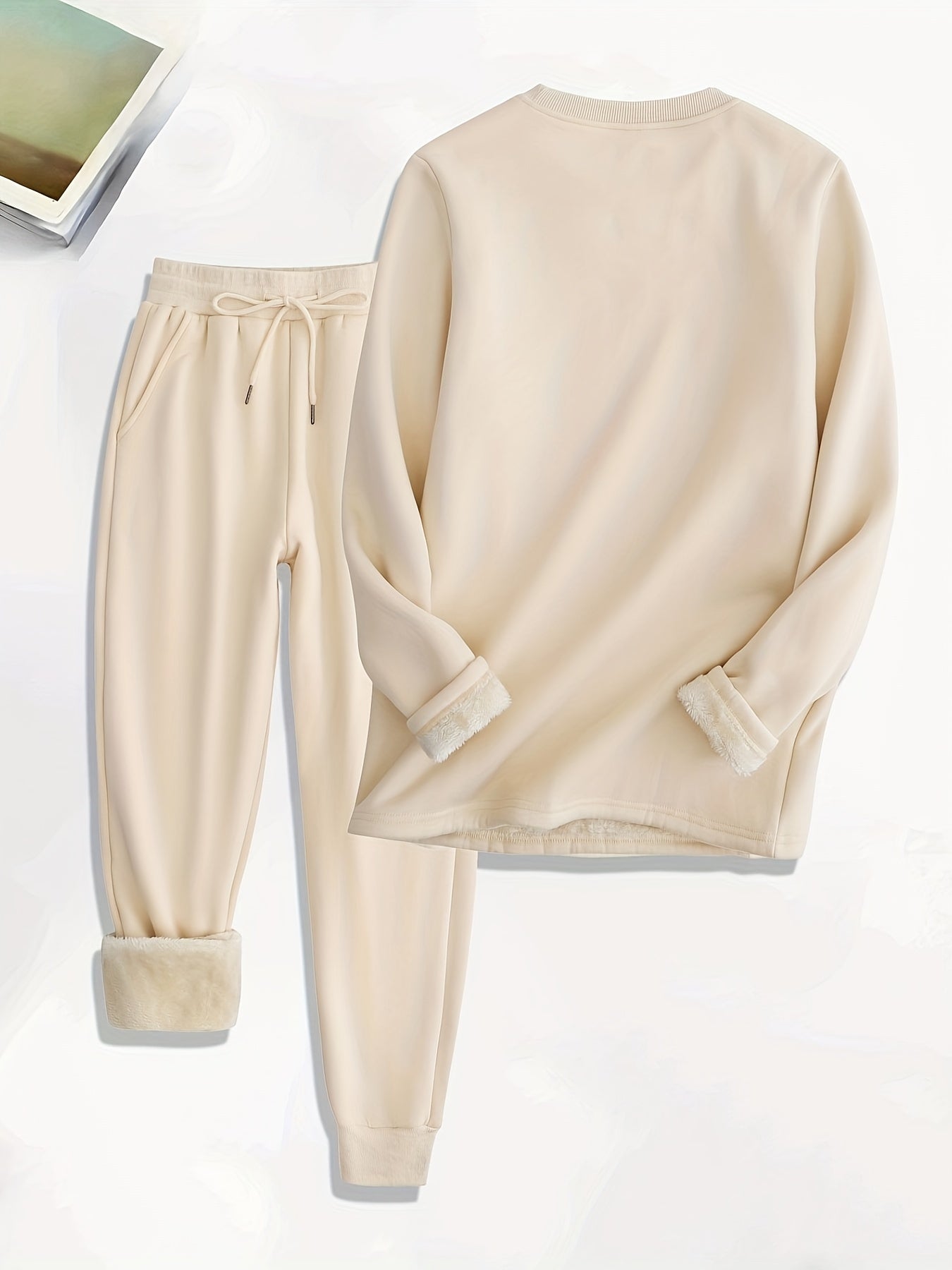 Sixsr Solid Fleece Two-piece Set, Casual Long Sleeve Sweatshirt & Drawstring Jogger Pants Outfits, Women's Clothing