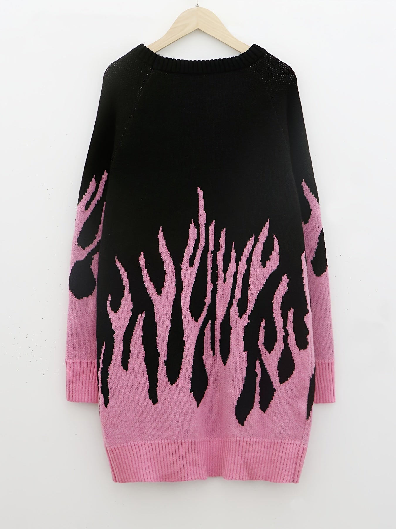 Flame Pattern Sweater Dress, Casual Crew Neck Long Sleeve Dress, Women's Clothing