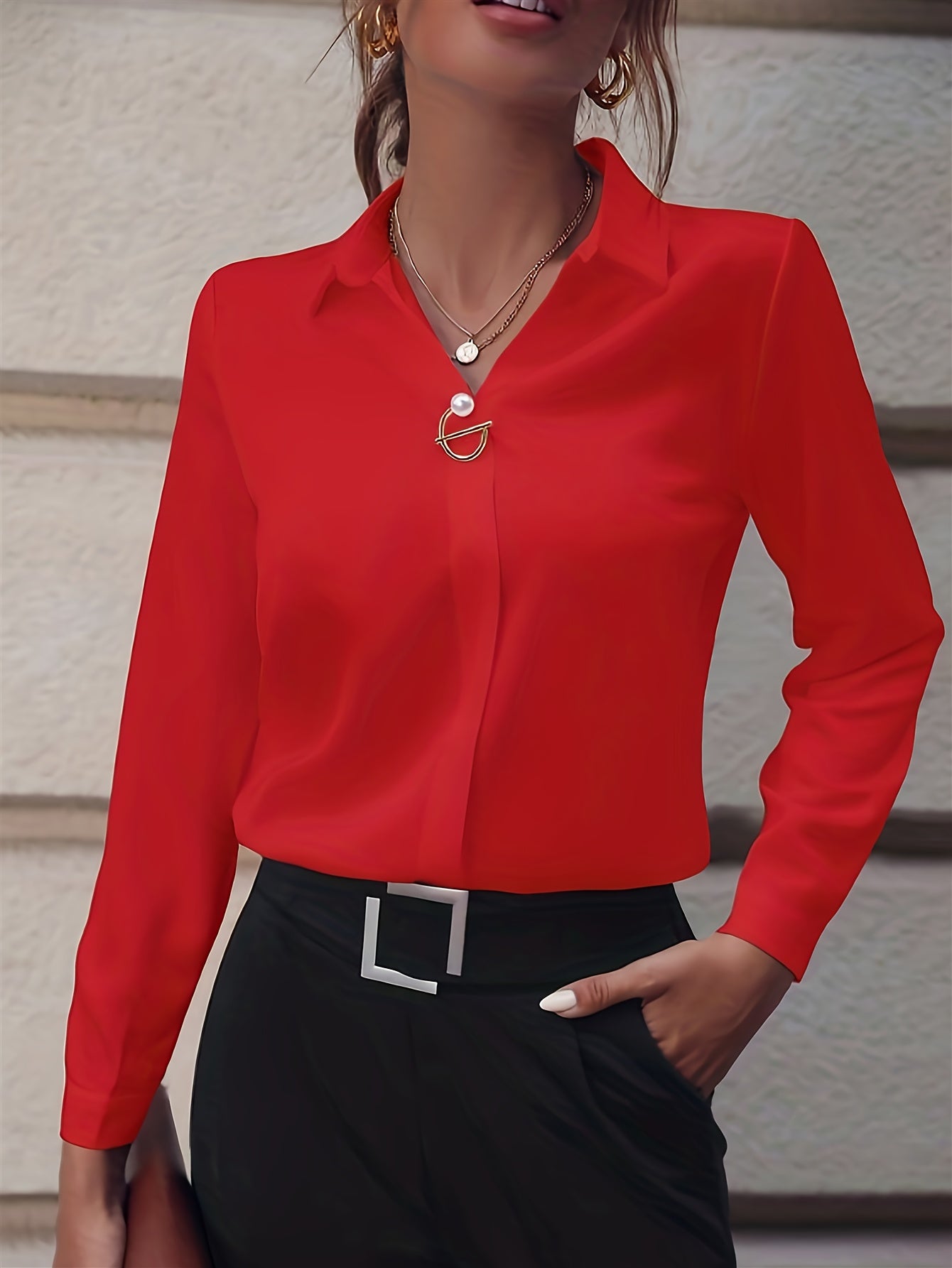 Sixsr Solid Polo Collar Shirt, Elegant Long Sleeve Shirt For Spring & Fall, Women's Clothing