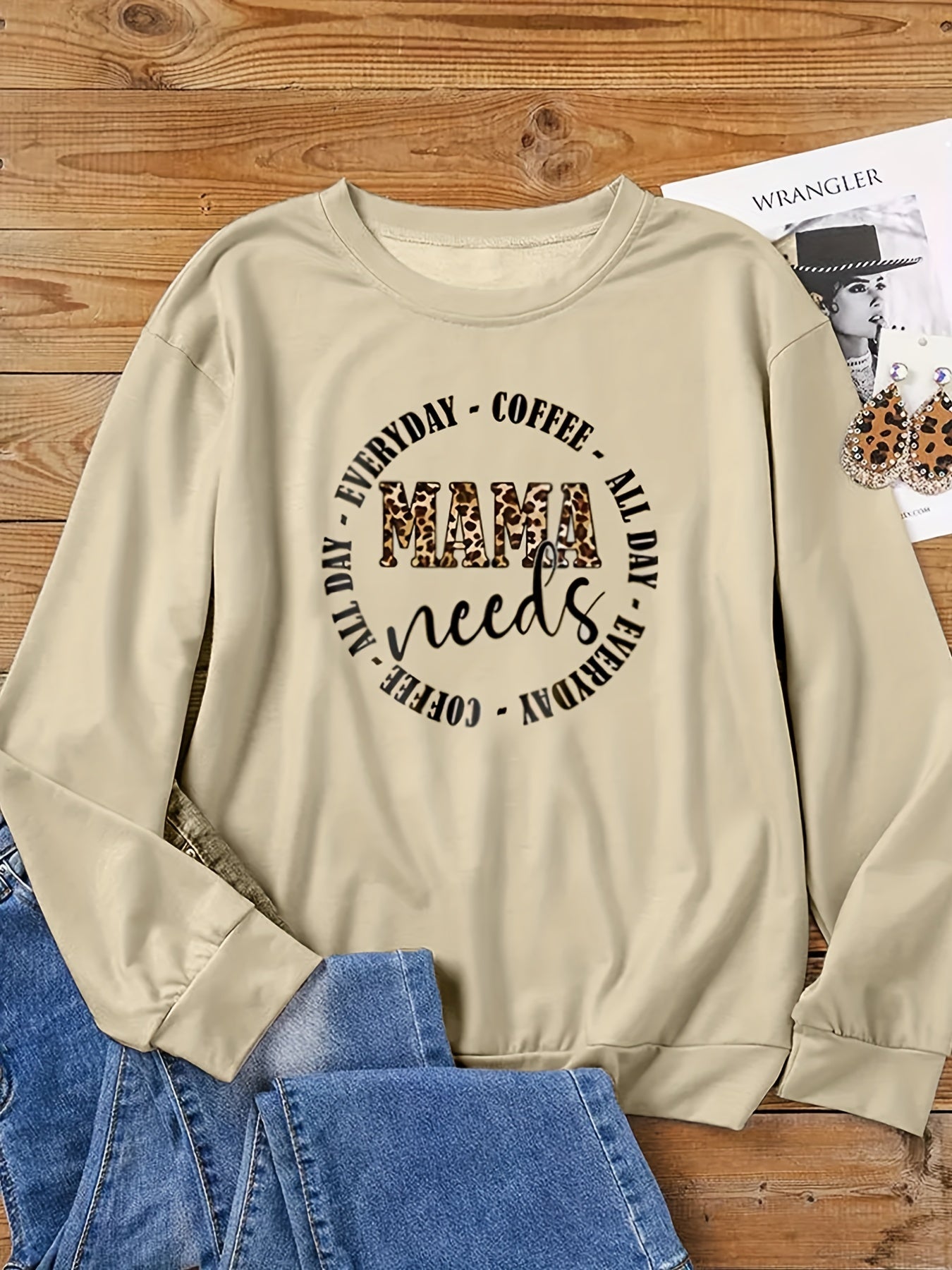 Sixsr Plus Size Casual Sweatshirt, Women's Plus Leopard Letter Print Long Sleeve Crew Neck Slight Stretch Pullover Sweatshirt, Casual Tops For Fall & Winter, Women's Clothing