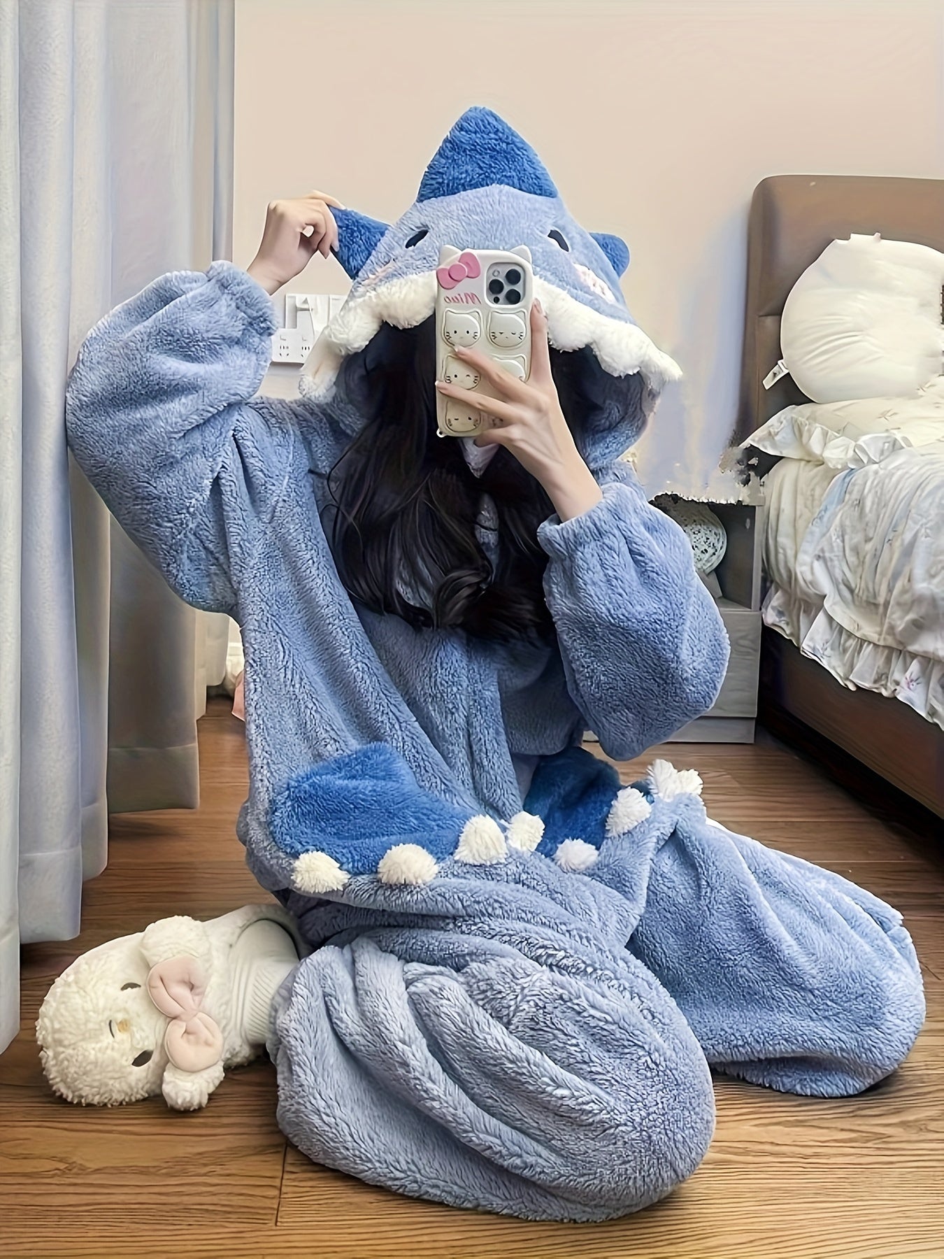 Sixsr Cartoon Shark Hooded Jumpsuit, Long Sleeve Zipper Fuzzy Pajamas, Women's Sleepwear & Loungewear
