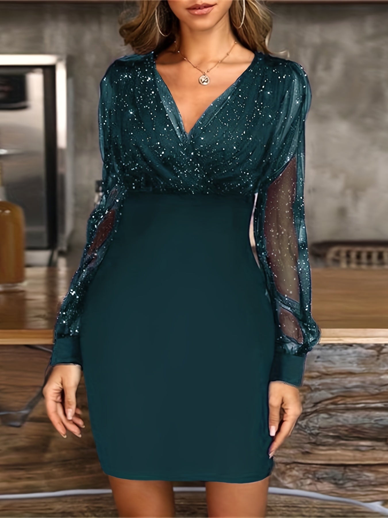 Solid Sequin Stitching Lace Long Sleeve Dress, Elegant Mesh Slim Sexy Party Dress, Women's Clothing