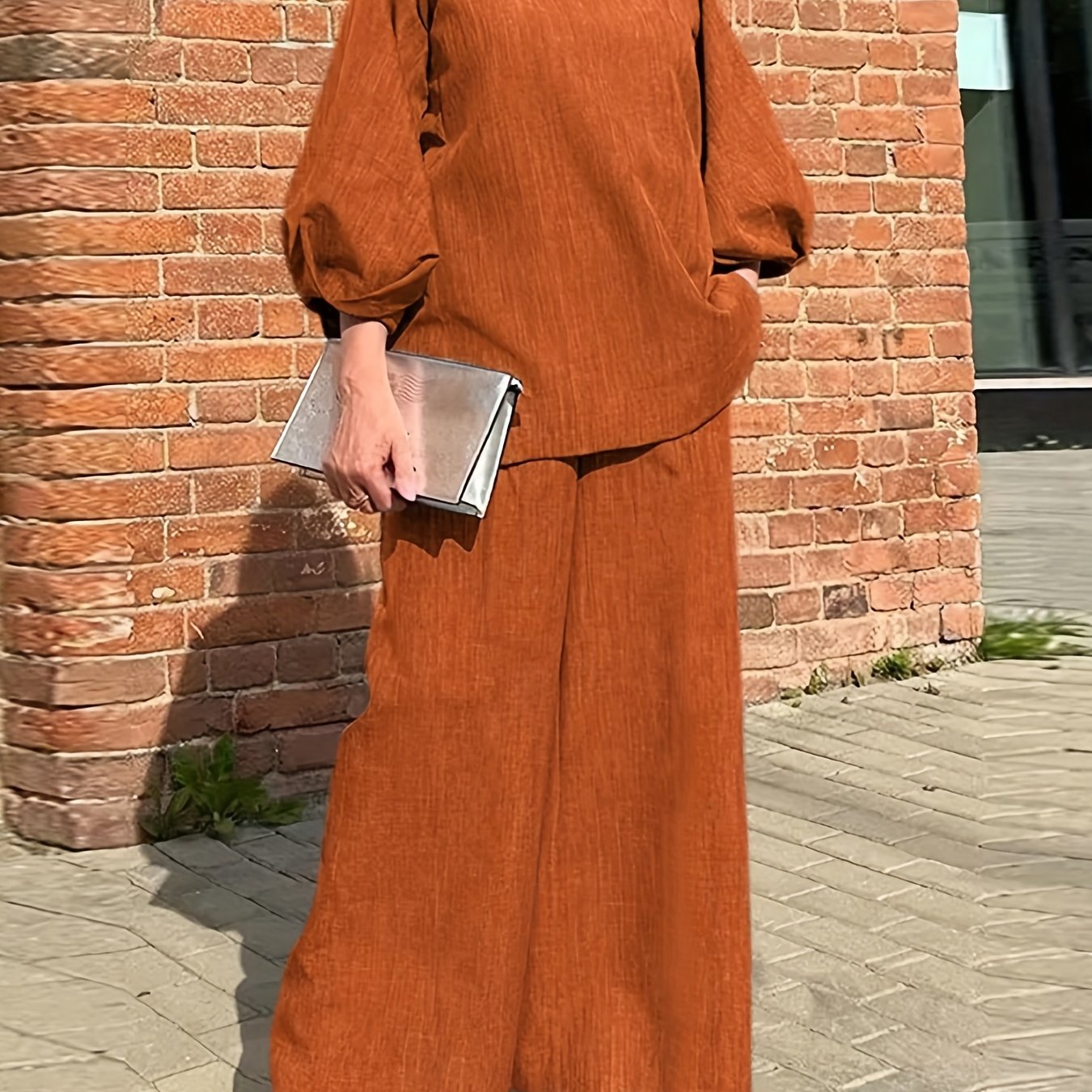 Sixsr Solid Casual Two-piece Set, V Neck Lantern Sleeve Tops & Wide Leg Pants Outfits, Women's Clothing