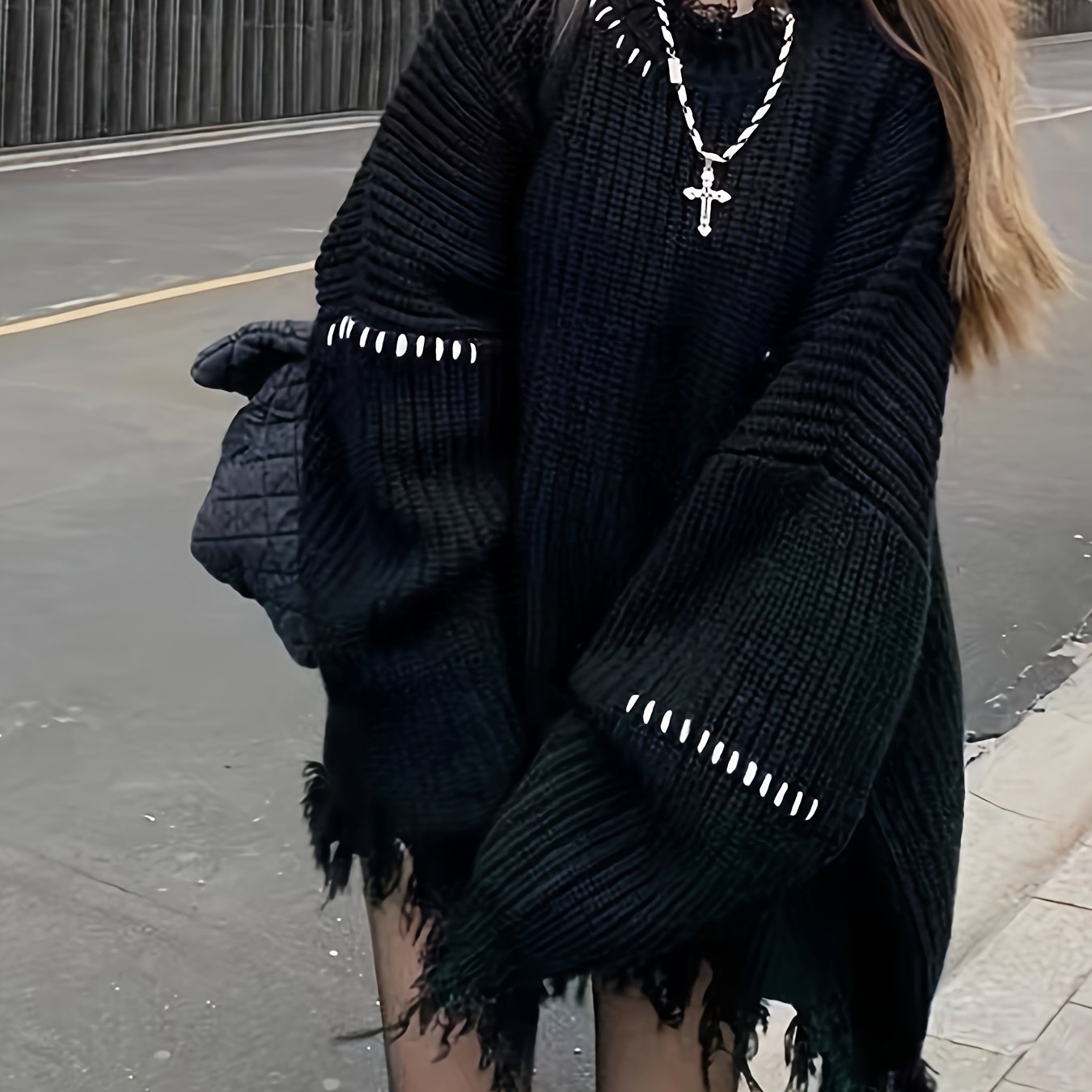Sixsr Stylish Ripped Crew Neck Oversized Sweater, Distressed Long Sleeve Raw Hem Sweater, Women's Clothing
