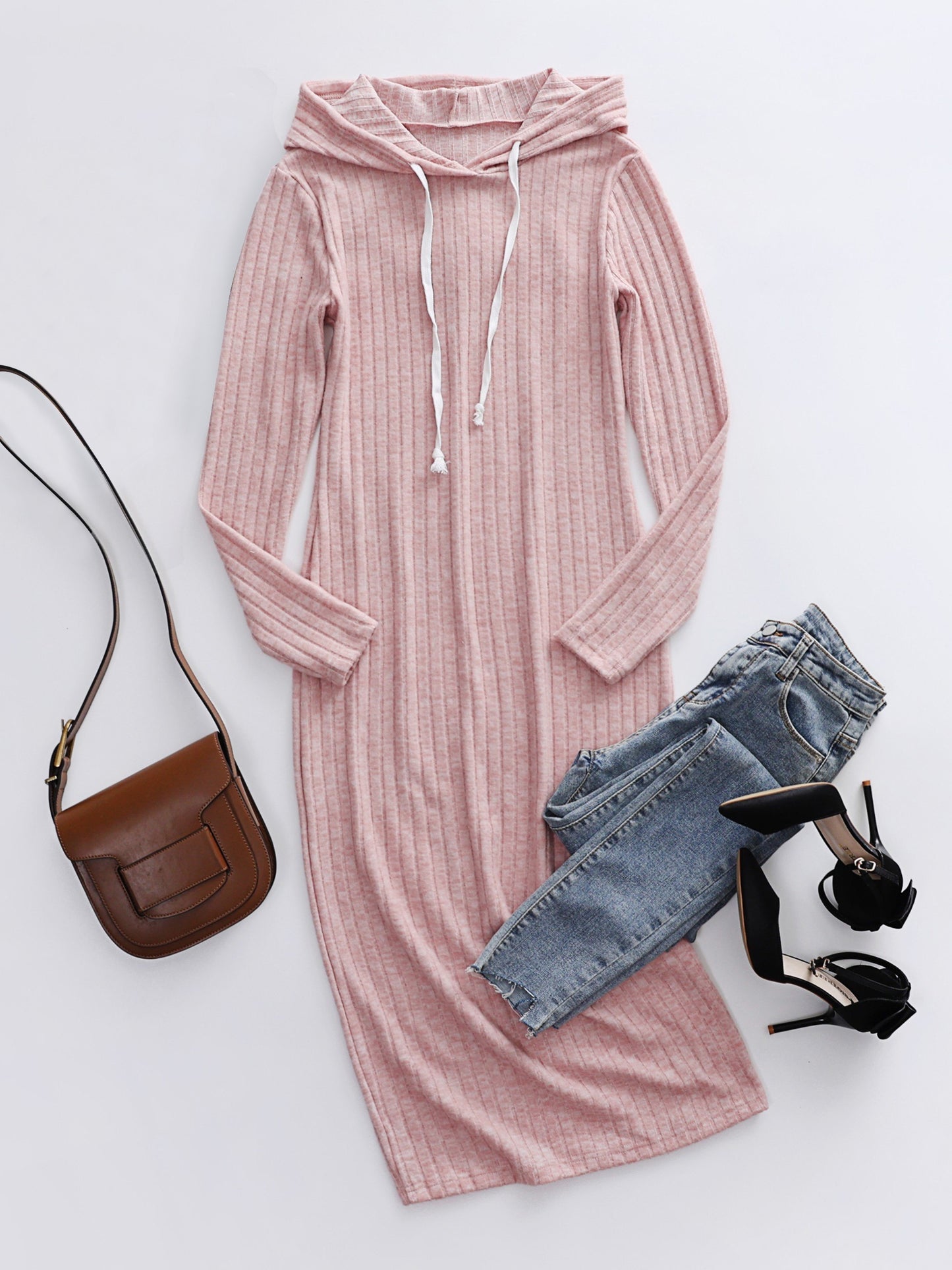 Sixsr Ribbed Knit Drawstring Hoodie Dress, Casual Long Sleeve Dress For Spring & Fall, Women's Clothing