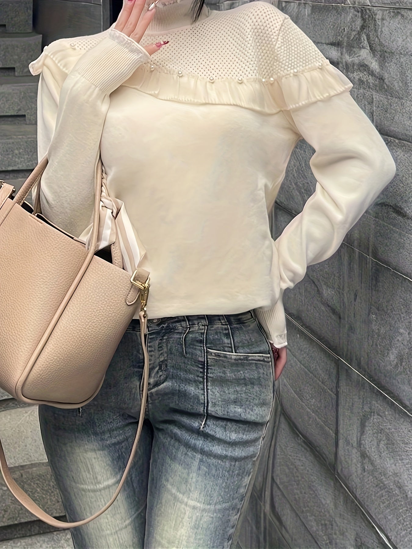 Sixsr Beaded Lace Trim Turtle Neck Knitted Top, Elegant Long Sleeve Slim Sweater For Spring & Fall, Women's Clothing