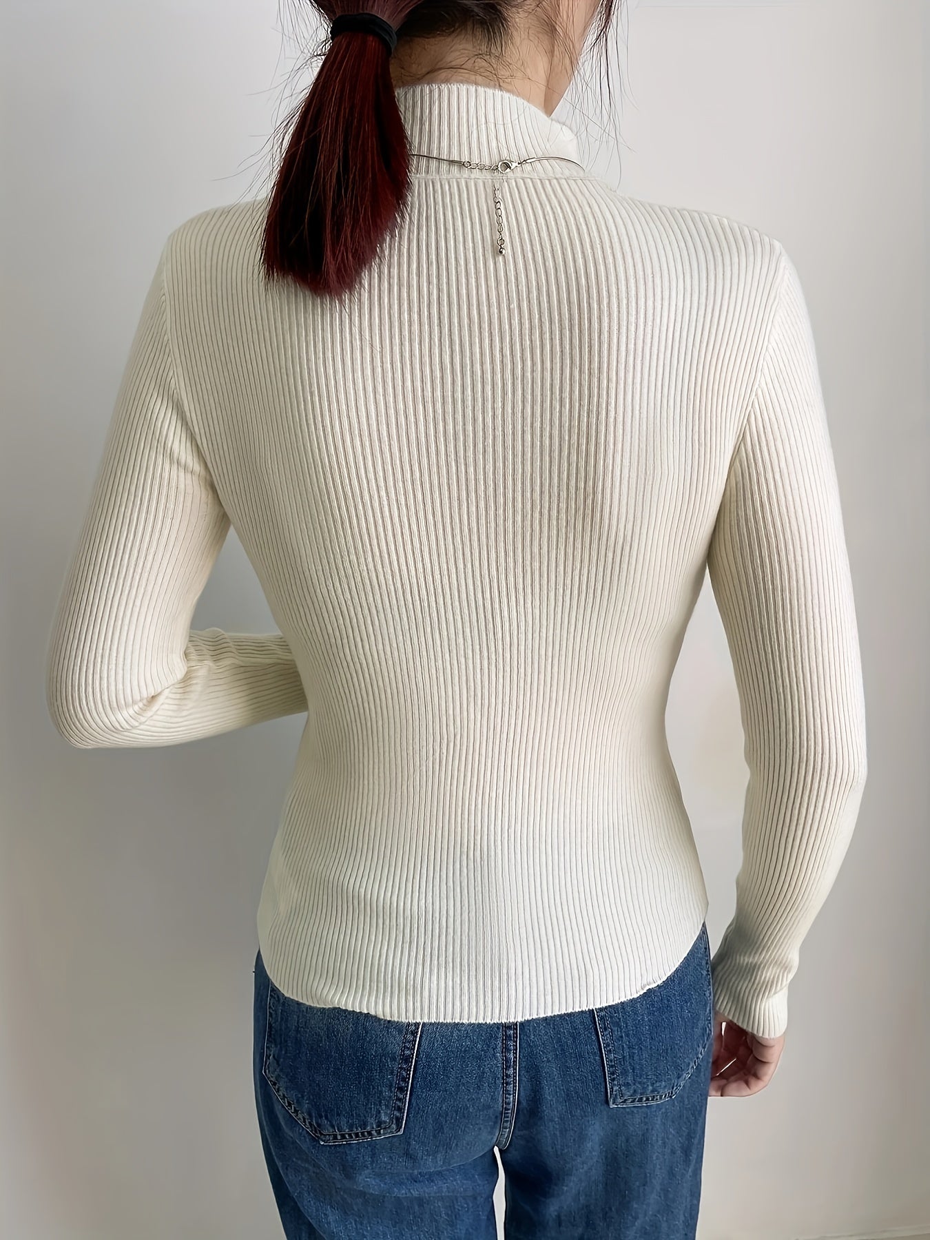 Sixsr High Neck Rib Knit Sweater, Casual Solid Long Sleeve Sweater, Women's Clothing