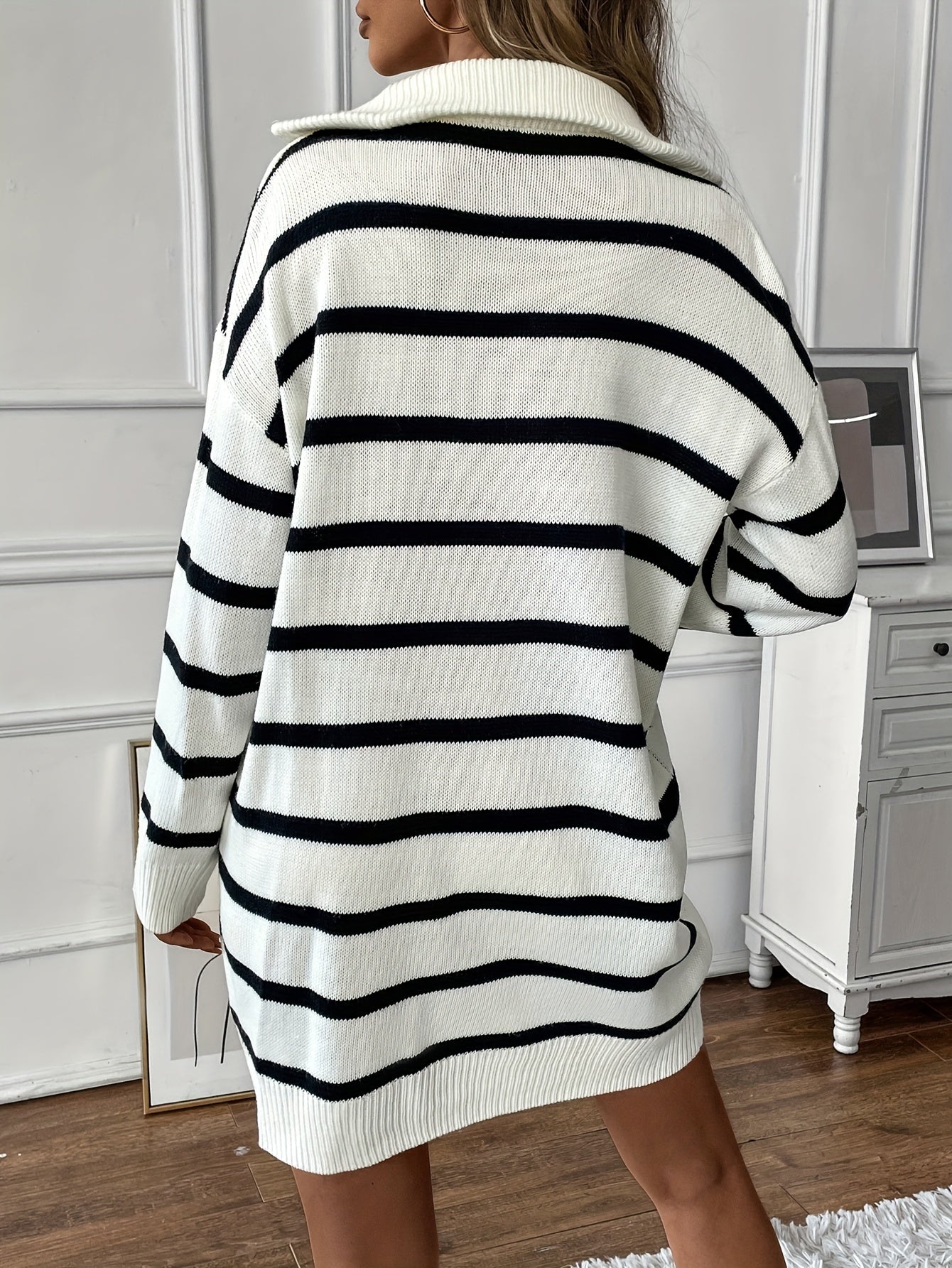 Sixsr Striped Pattern Zipper Front Dress, Casual Patched Letter Sweater Dress For Fall & Winter, Women's Clothing