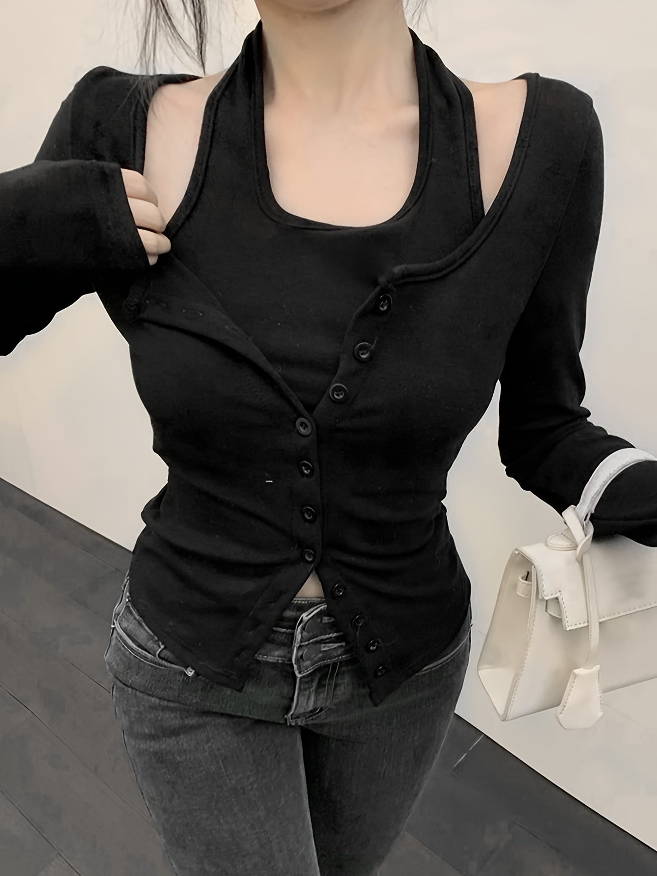 Sixsr Faux Twinset Halter Neck Top, Casual Long Sleeve Button Top For Spring & Fall, Women's Clothing