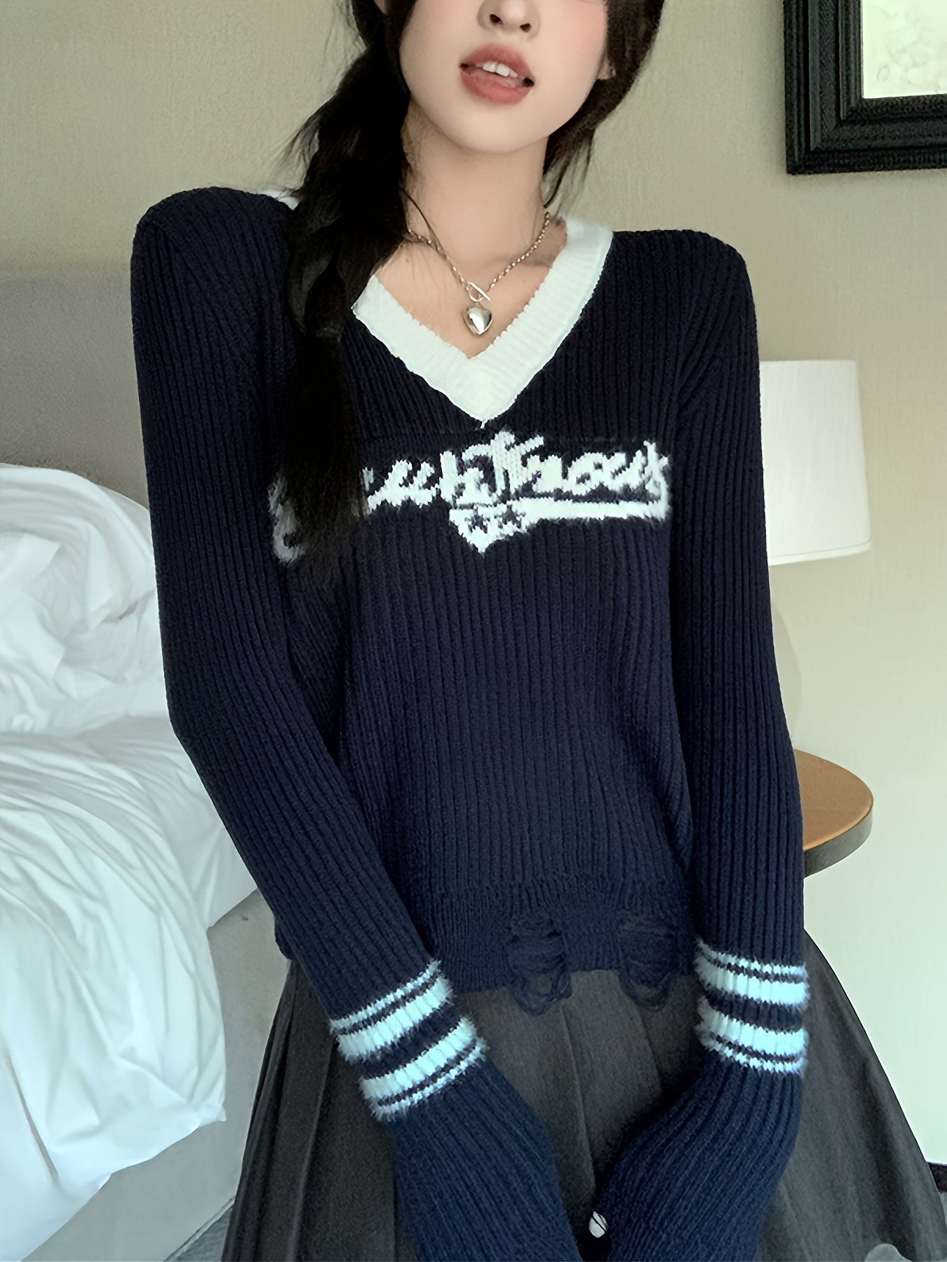 Sixsr Letter Pattern V Neck Pullover Sweater, Casual Ripped Long Sleeve Sweater, Women's Clothing