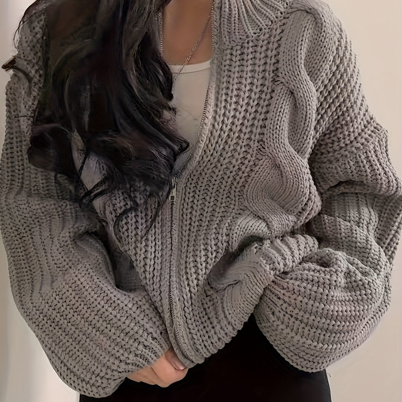 Sixsr Solid Zip Up Chunky Knit Cardigan, Vintage Long Sleeve Loose Sweater, Women's Clothing