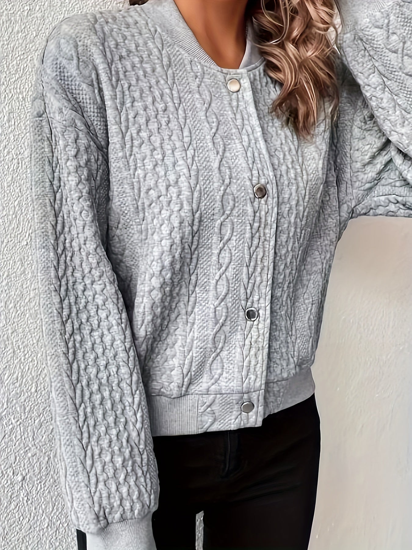 Sixsr Plus Size Casual Coat, Women's Plus Solid Cable Button Down Long Sleeve Bomber Jacket