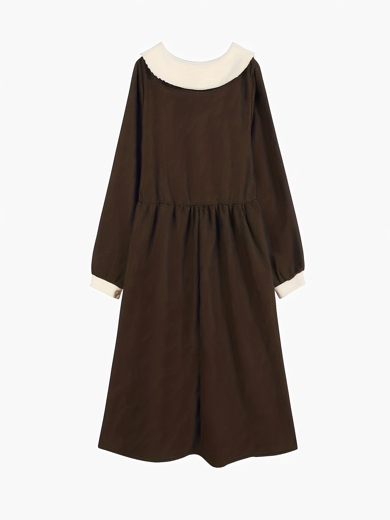 Sixsr Color Block Peter Pan Collar Dress, Casual Long Sleeve A-line Tied Dress, Women's Clothing