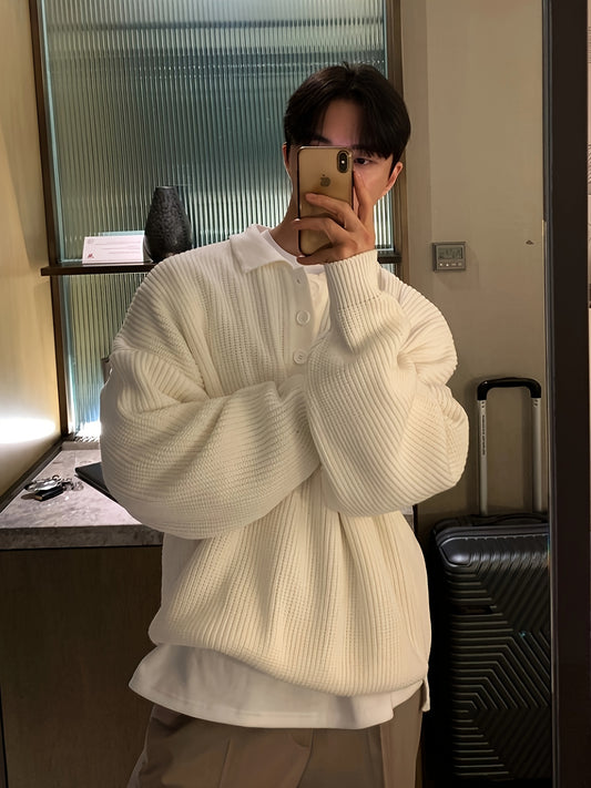 Sixsr Men's Stylish Loose Solid Knitted Sweater, Casual Breathable Long Sleeve Lapel Button Up Top For City Walk Street Hanging Outdoor Activities