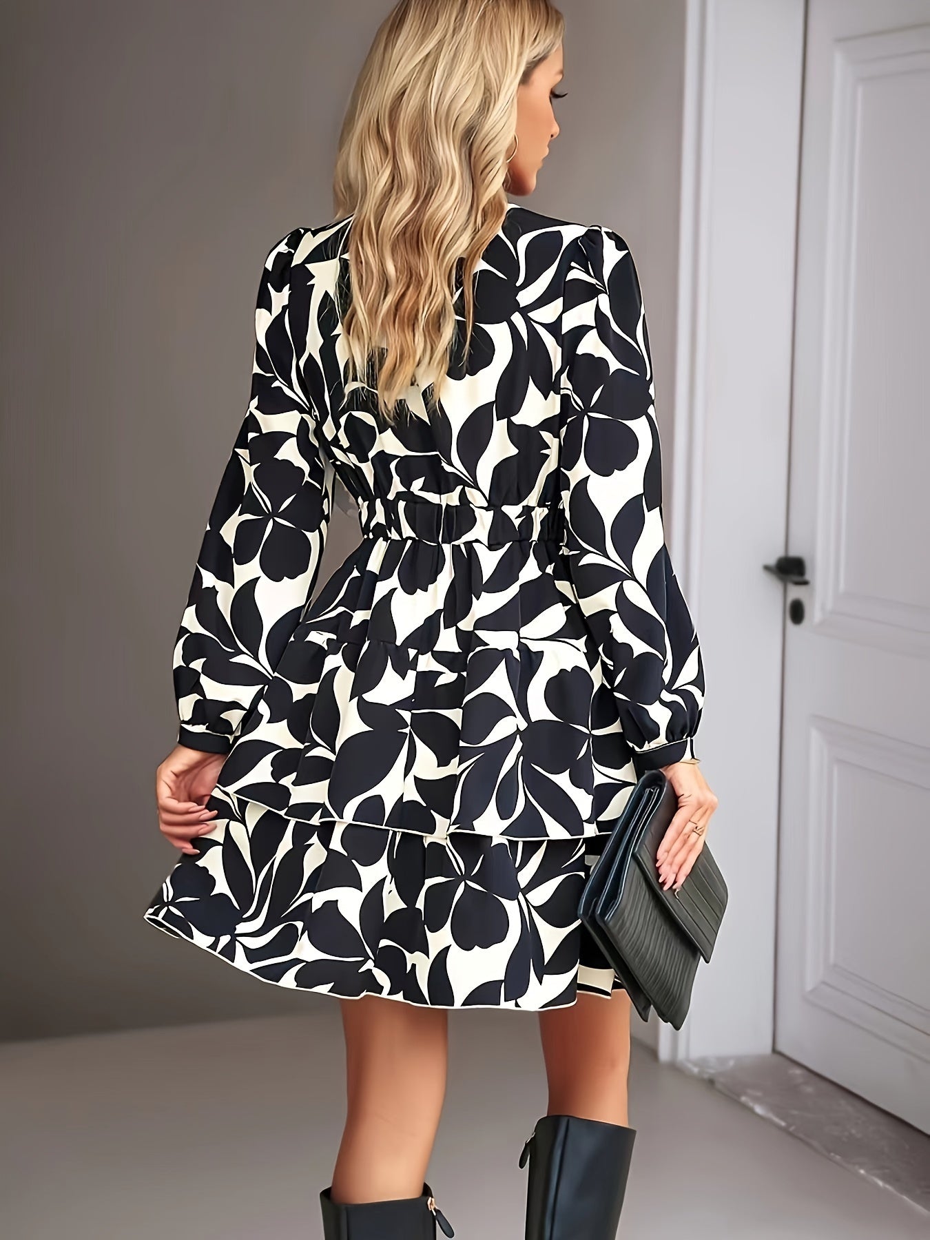 Sixsr Floral Print V Neck Dress, Elegant Long Sleeve Ruffle Hem Dress, Women's Clothing