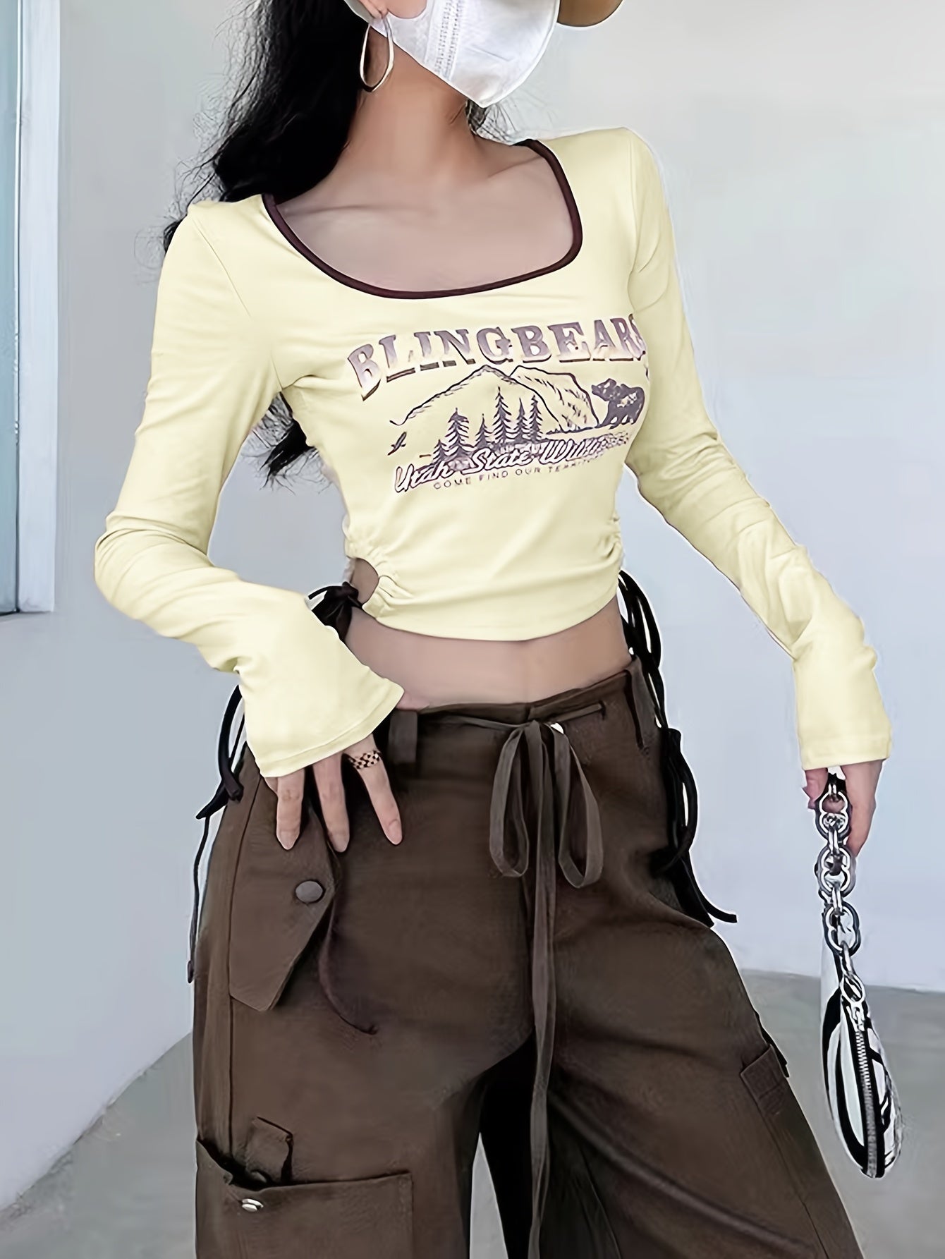 Sixsr Graphic & Letter Print Side Drawstring T-Shirt, Casual Cut Out Color Block Long Sleeve Crop Top, Women's Clothing