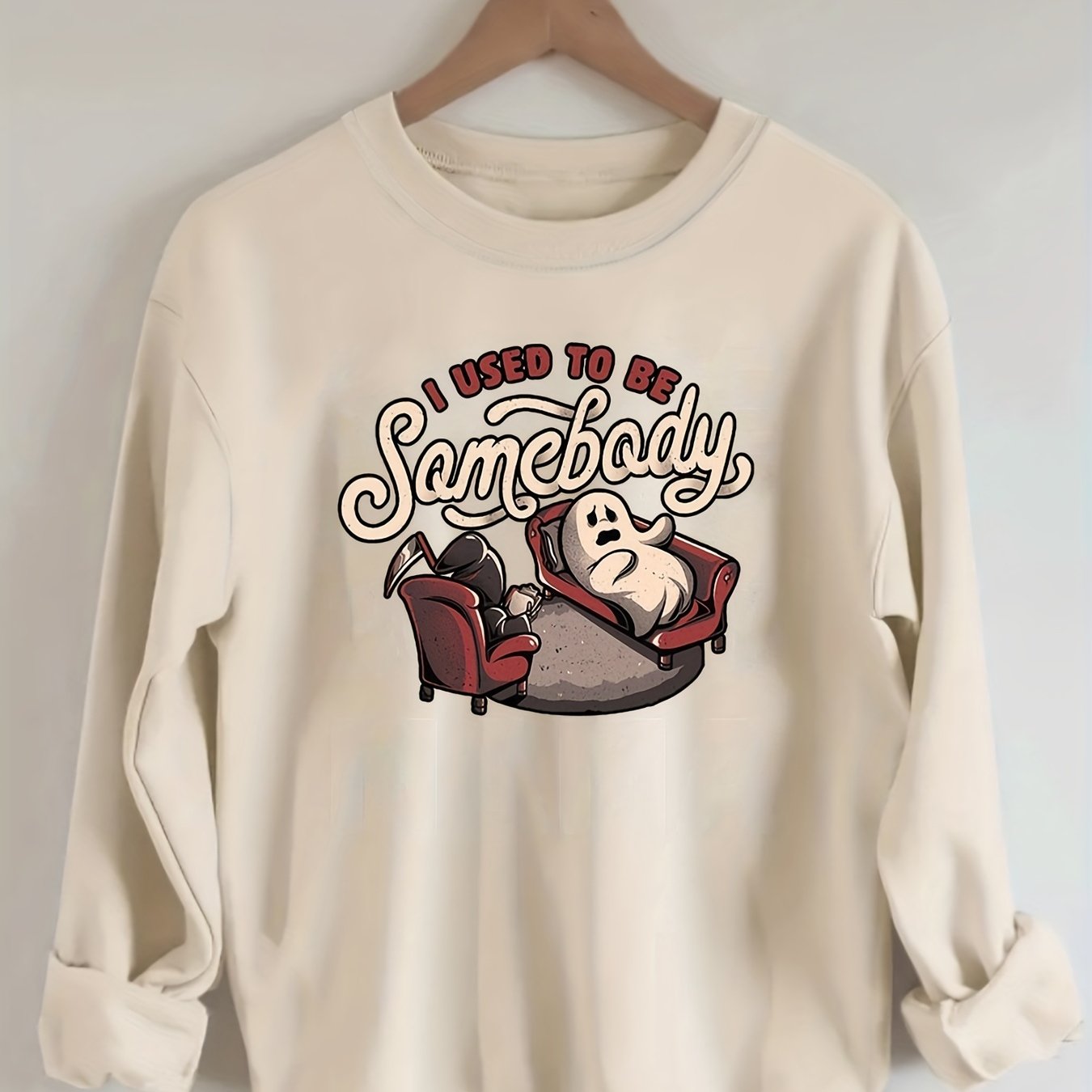 Sixsr Plus Size Halloween Sweatshirt, Women's Plus Funny Ghost & Slogan Print Long Sleeve Round Neck Slight Stretch Party Sweatshirt