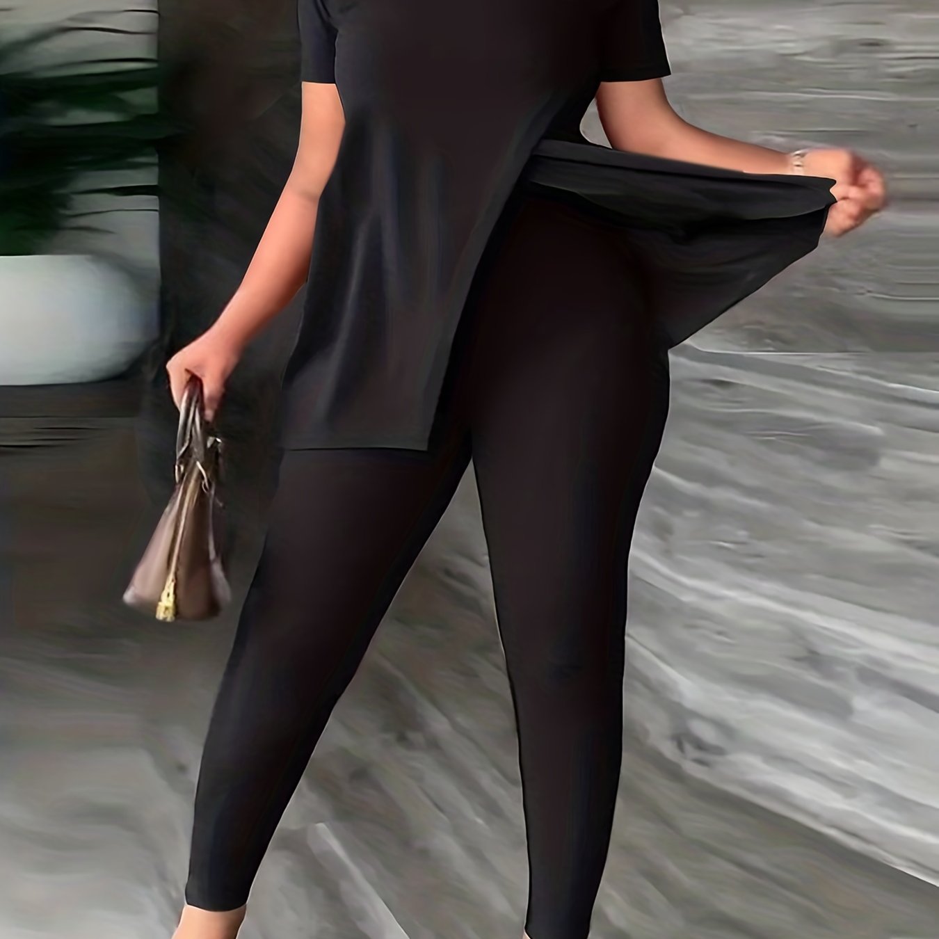 Women's two-piece Solid Casual Set - Split Short Sleeve Tee & High Waist Slim Pants Outfit for Comfortable and Stylish Look