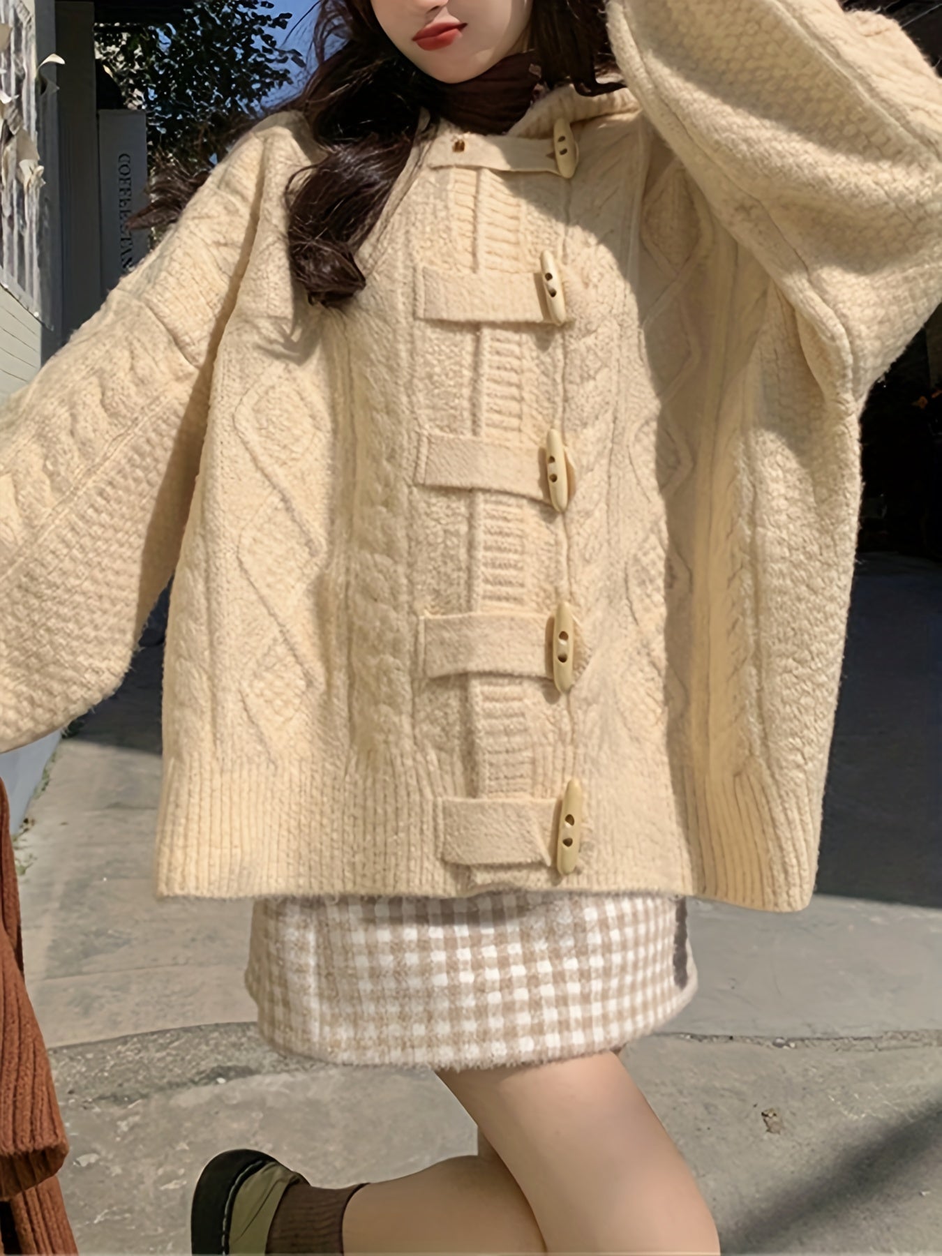 Sixsr Twist Pattern Button Up Hooded Cardigan, Casual Long Sleeve Cardigan For Fall & Winter, Women's Clothing