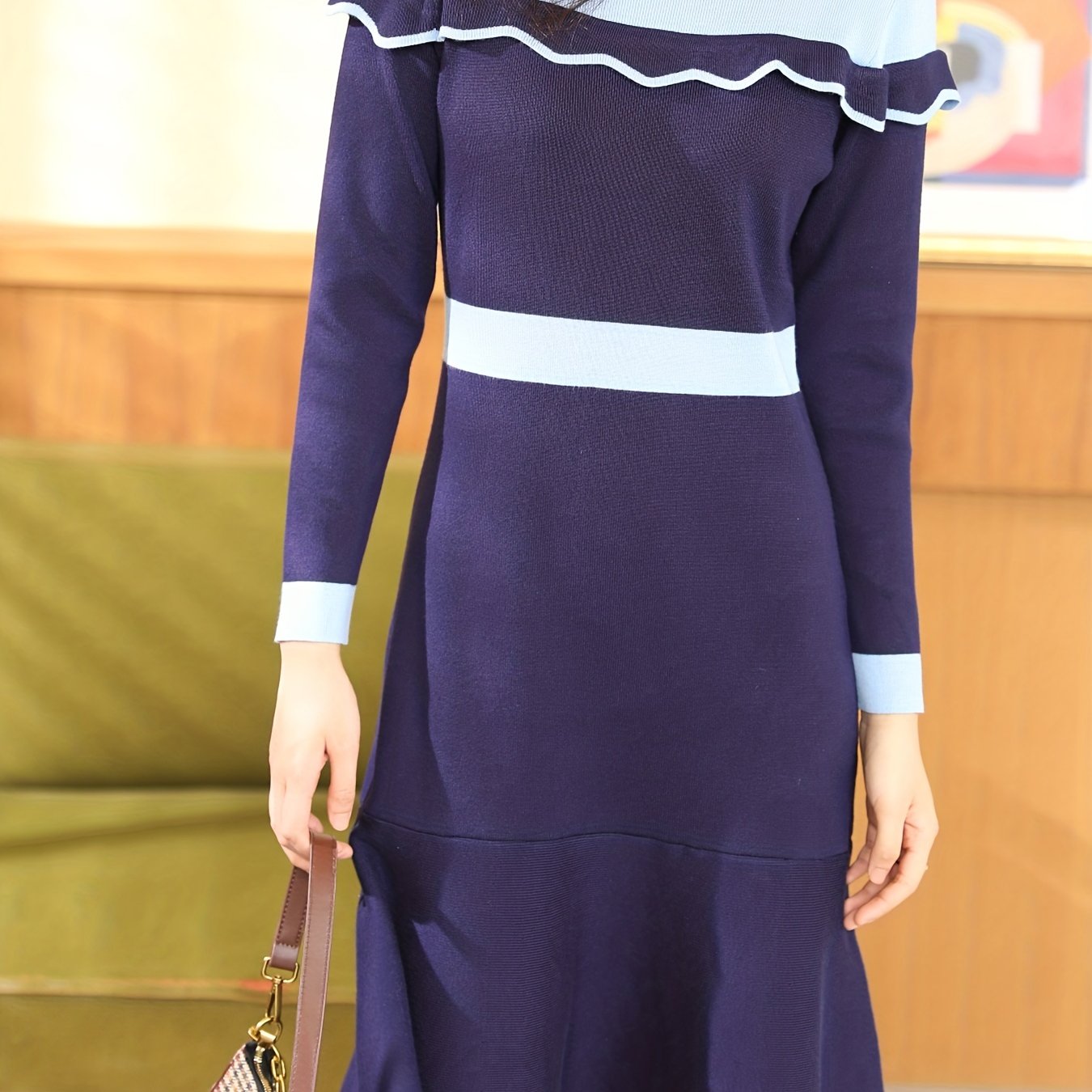 Sixsr Ruffle Trim Color Block Dress, Casual Crew Neck Long Sleeve Dress, Women's Clothing