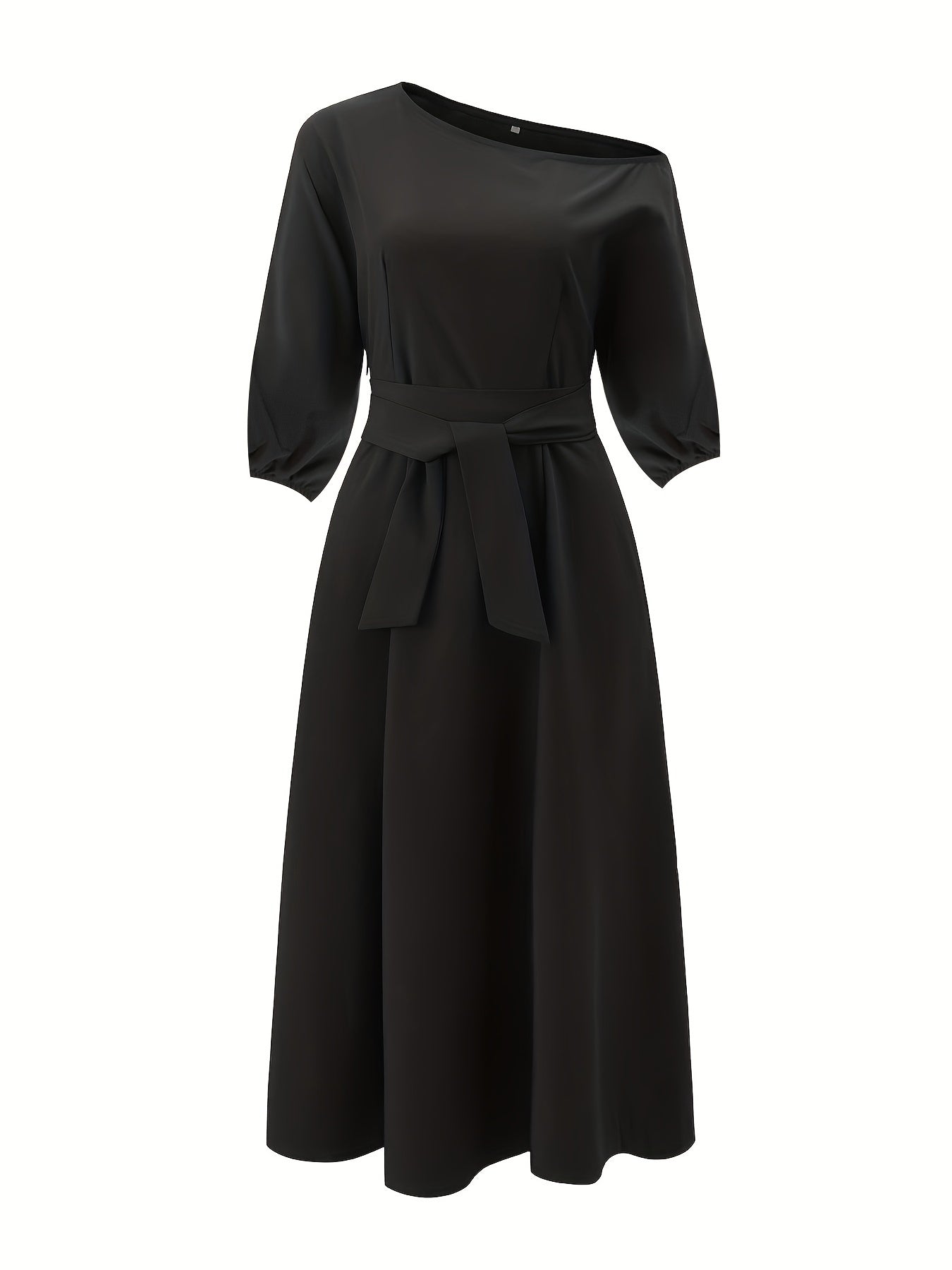 Sixsr Slant Shoulder Neck Tie Waist Dress, Elegant Dual Pockets Short Sleeve Dress, Women's Clothing