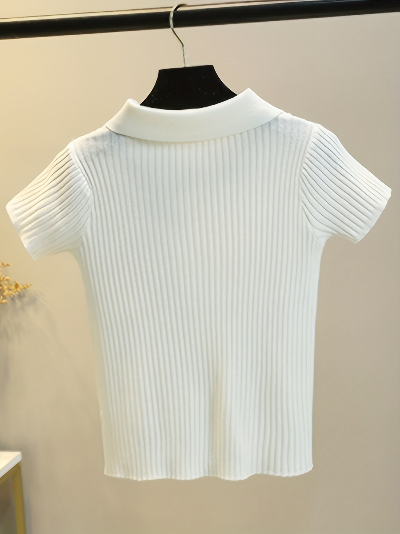 Sixsr Button Front V Neck Knit Sweater, Elegant Short Sleeve Slim Summer Knit Sweater, Women's Clothing