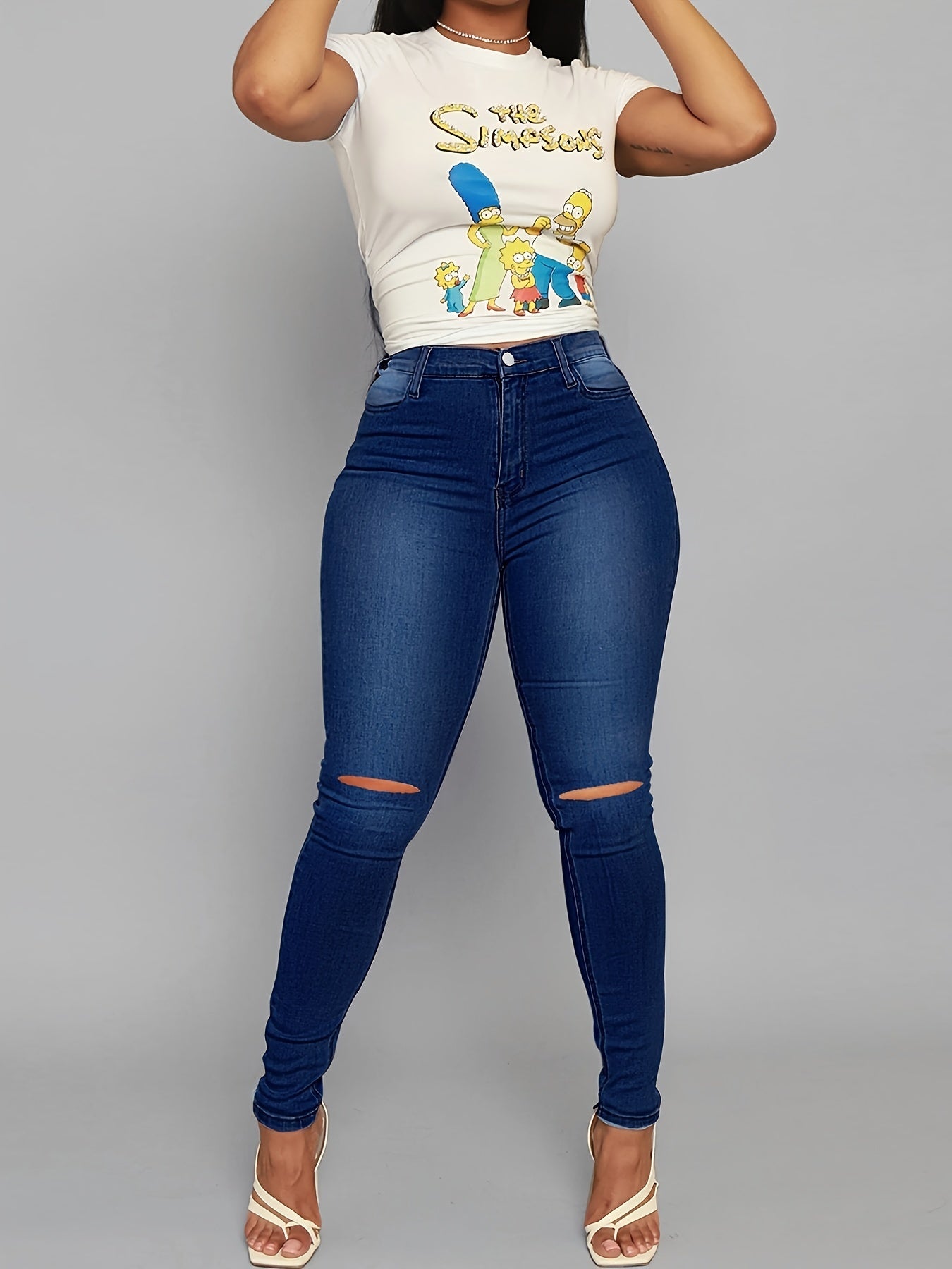 Sixsr High Rise Ripped Skinny Jeans, High Waist Curvy Distressed Long Stacked Hem Denim Pants, Women's Denim & Clothing