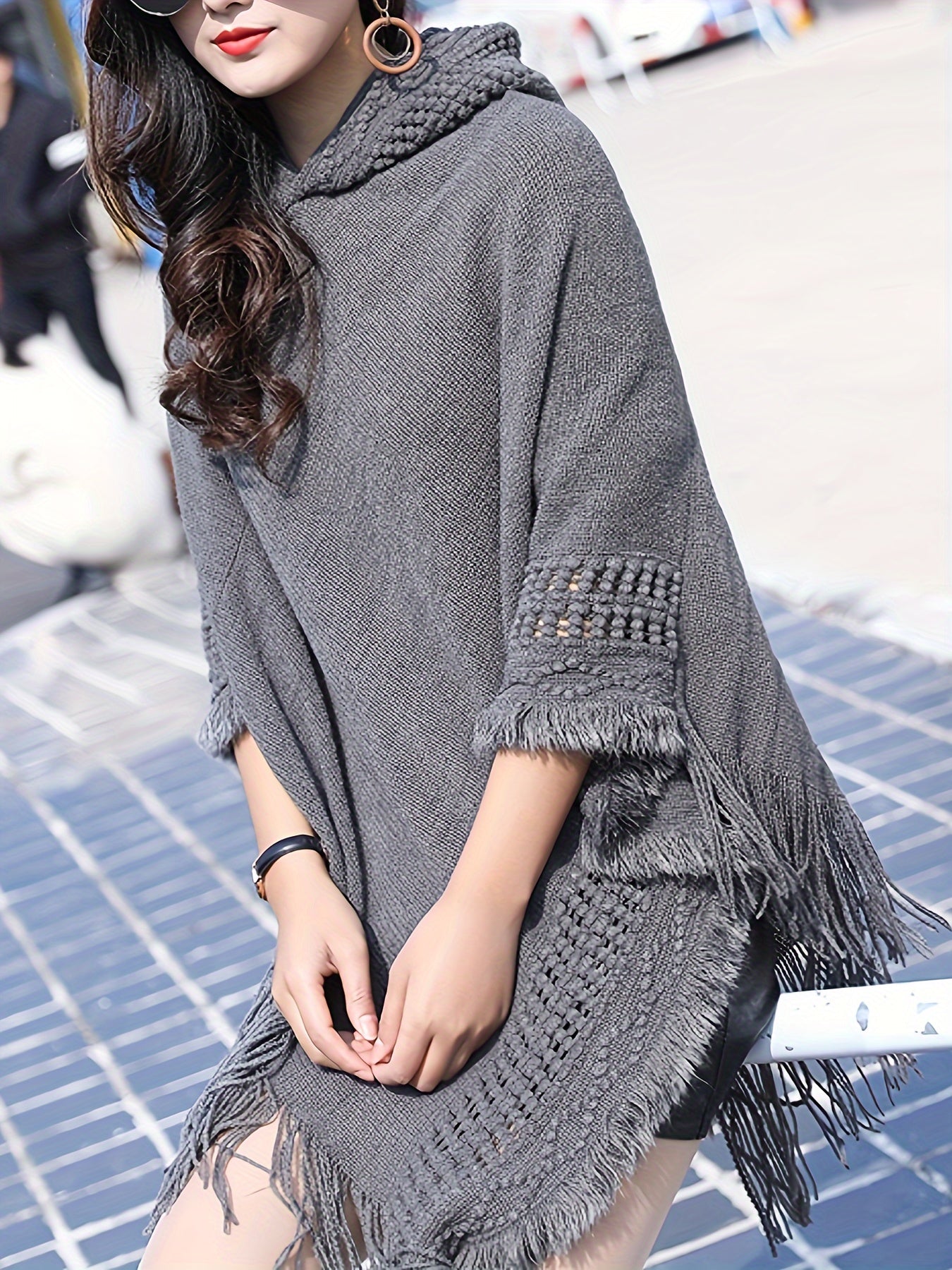 Sixsr Solid Tassel Hem Hooded Knit Sweater, Casual Asymmetrical Loose Cape Sweater, Women's Clothing