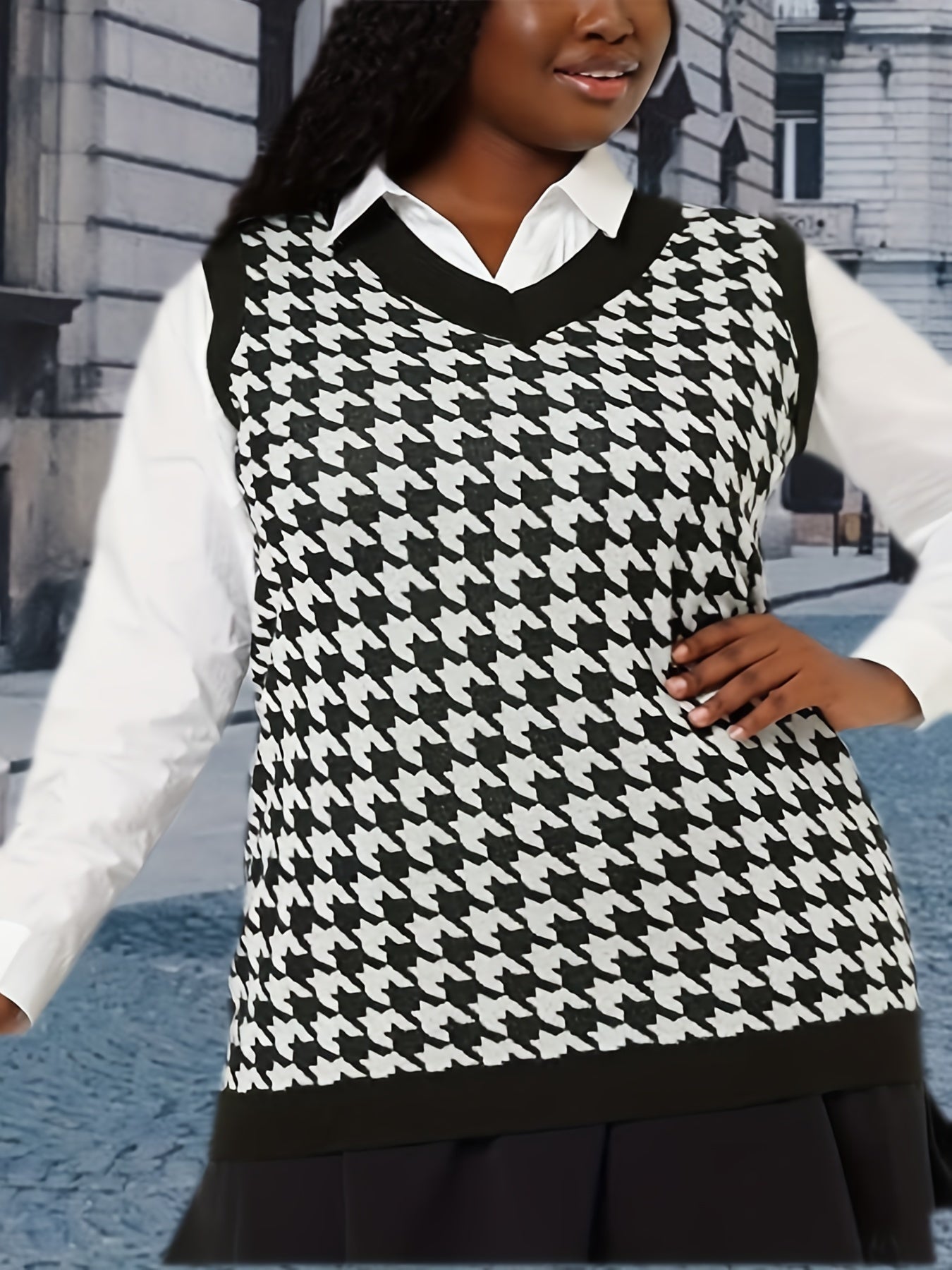 Sixsr Plus Size Preppy Vest, Women's Plus Houndstooth Pattern V Neck Medium Stretch Pullover Knit Vest