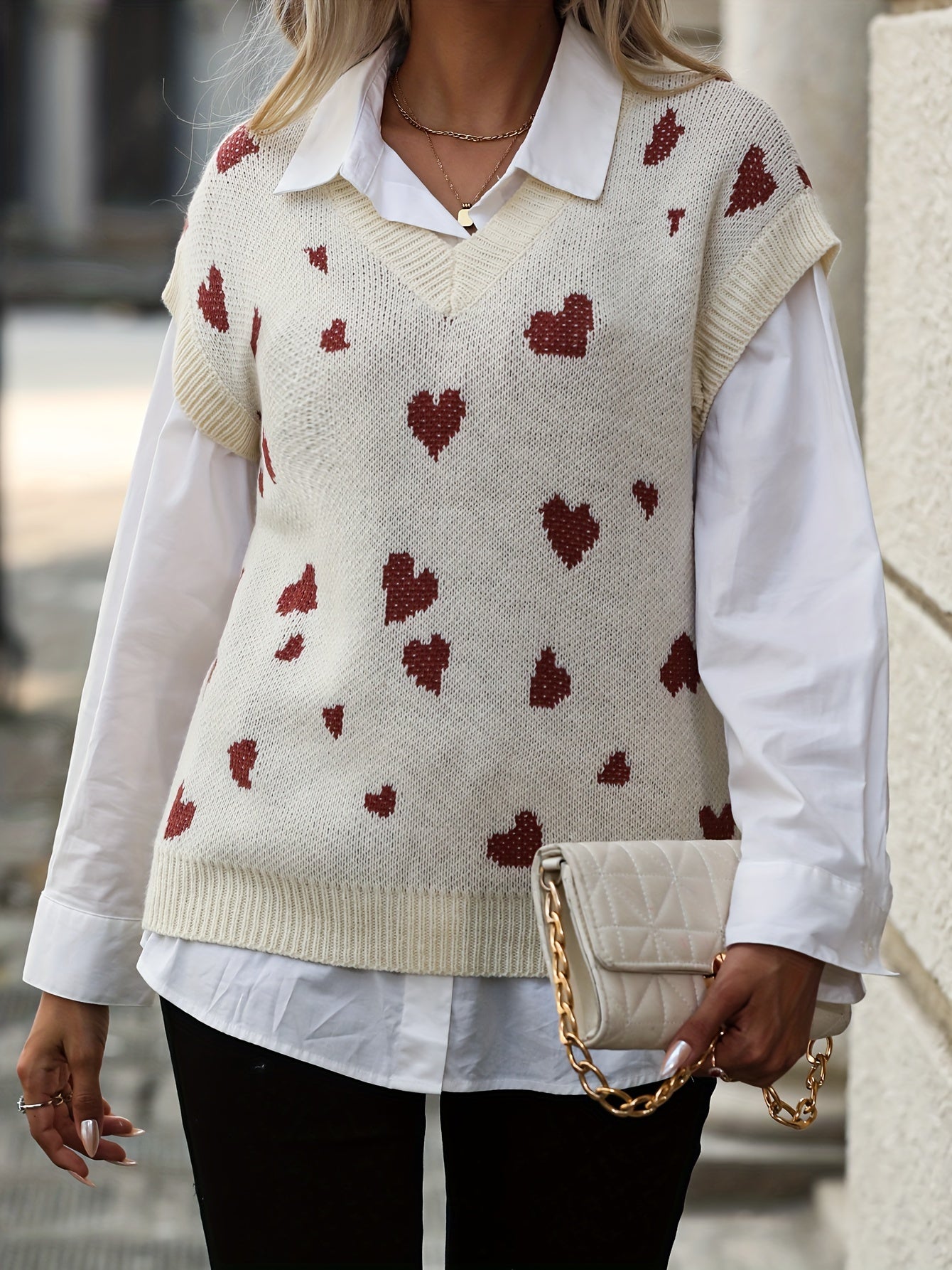 Sixsr Heart V Neck Knitted Sweater Vest, Casual Sleeveless Vest, Women's Clothing