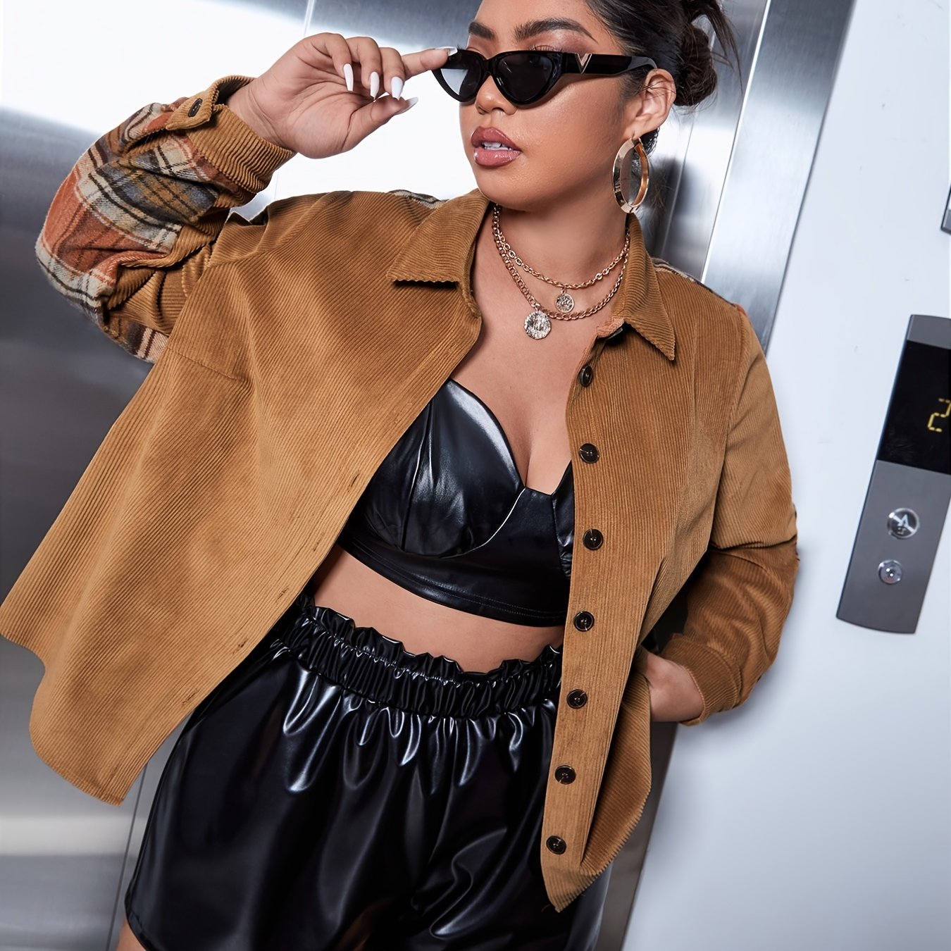 Sixsr Plus Size Casual Jacket, Women's Plus Ribbed Patchwork Long Sleeve Button Up Collared Top