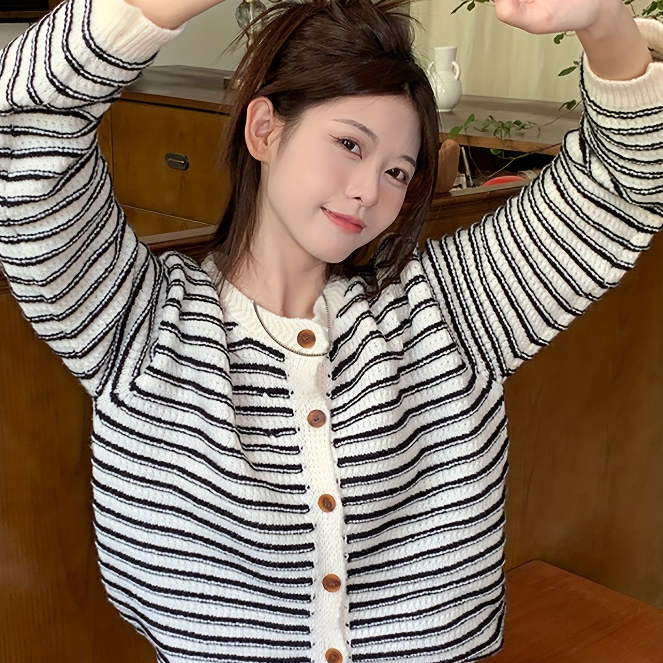 Sixsr Striped Button Down Knit Cardigan, Casual Long Sleeve Crew Neck Sweater, Women's Clothing