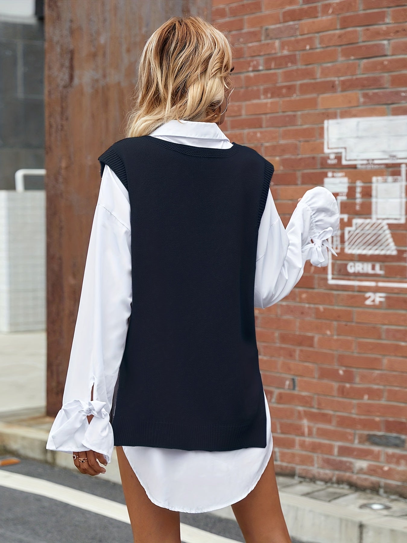 Sixsr Solid V Neck Cable Knit Vest, Casual Sleeveless Split Sweater, Women's Clothing