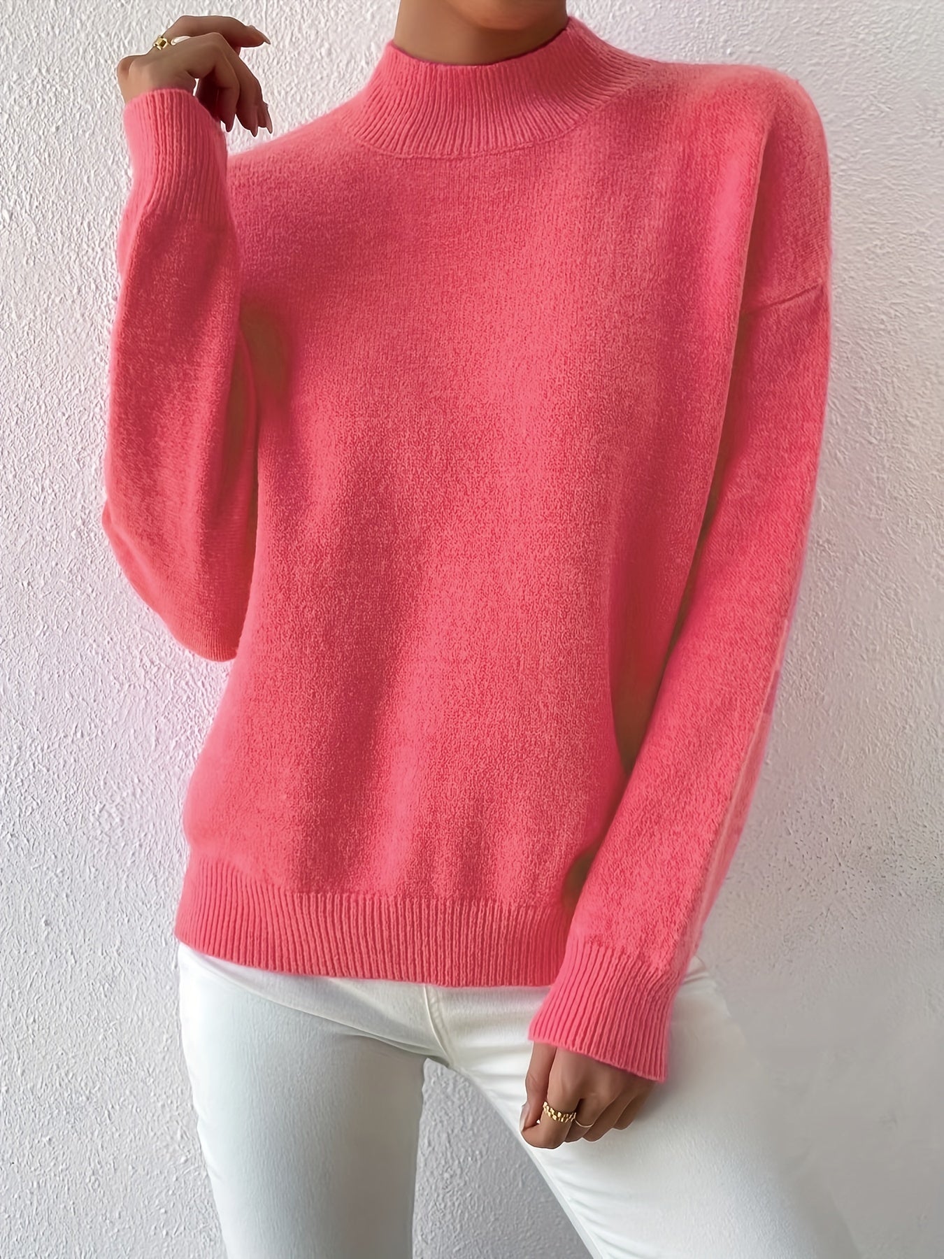 Sixsr Plus Size Casual Sweater, Women's Plus Solid Long Sleeve High Neck Medium Stretch Jumper