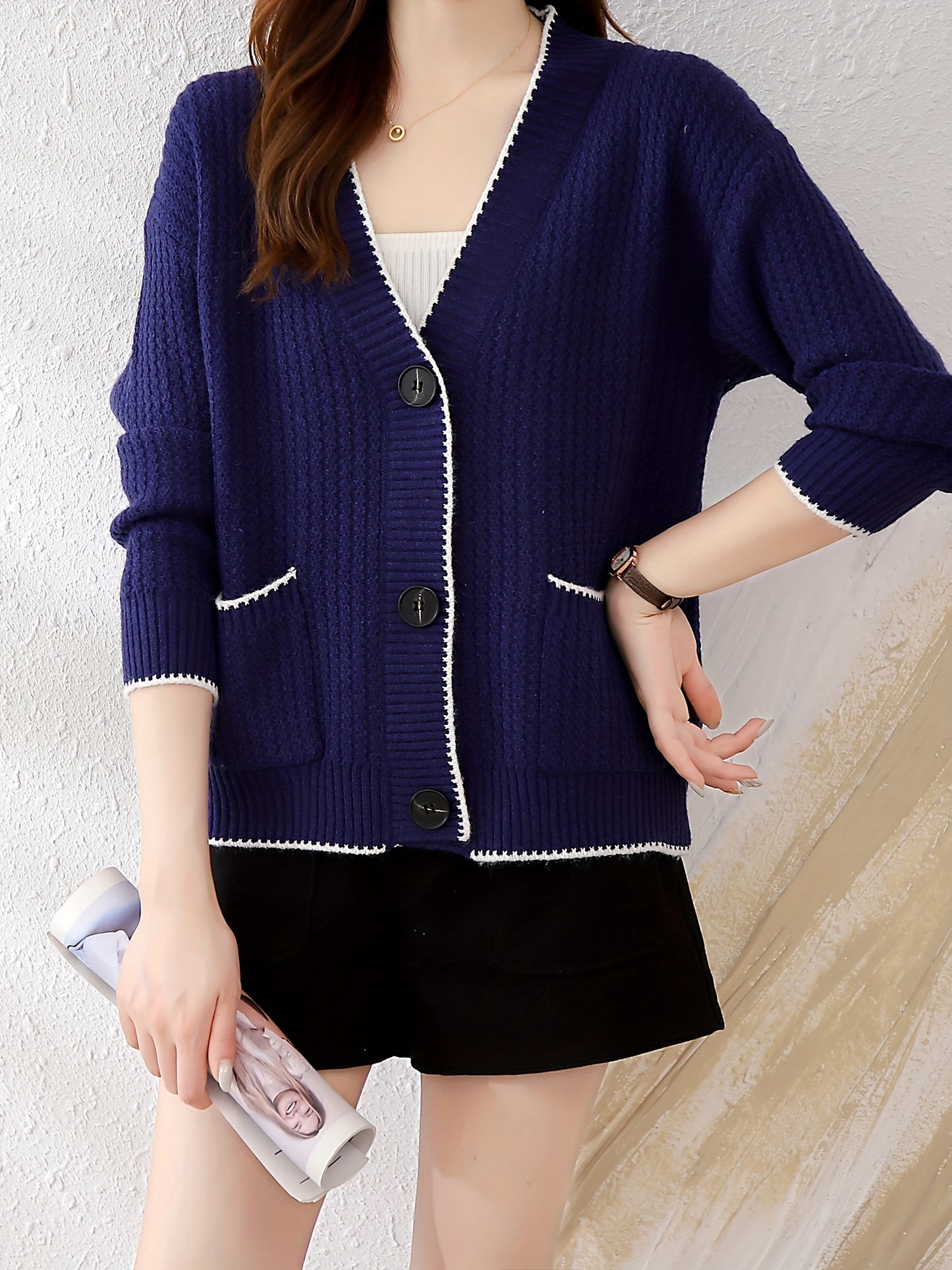 Sixsr V Neck Button Up Rib Knit Cardigan, Elegant Long Sleeve Sweater With Pocket, Women's Clothing