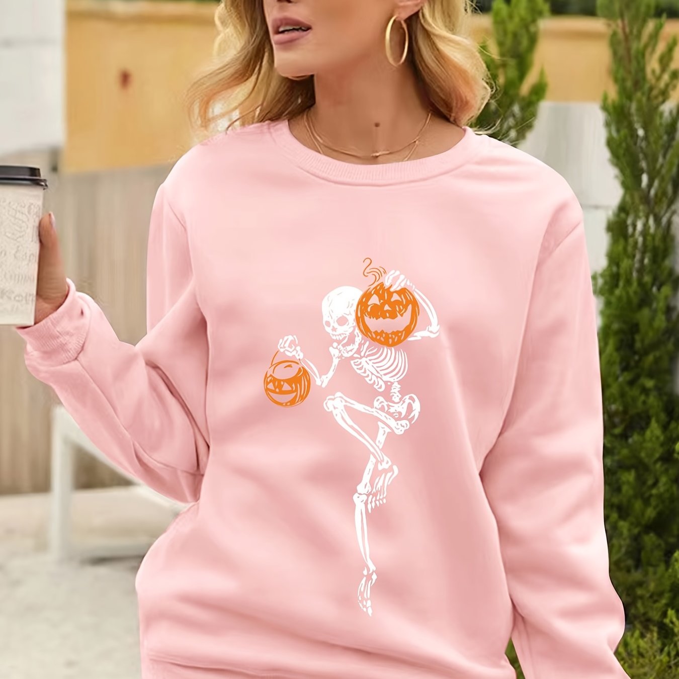 Sixsr Halloween Skull Print Pullover Sweatshirt, Casual Long Sleeve Crew Neck Sweatshirt For Spring & Fall, Women's Clothing
