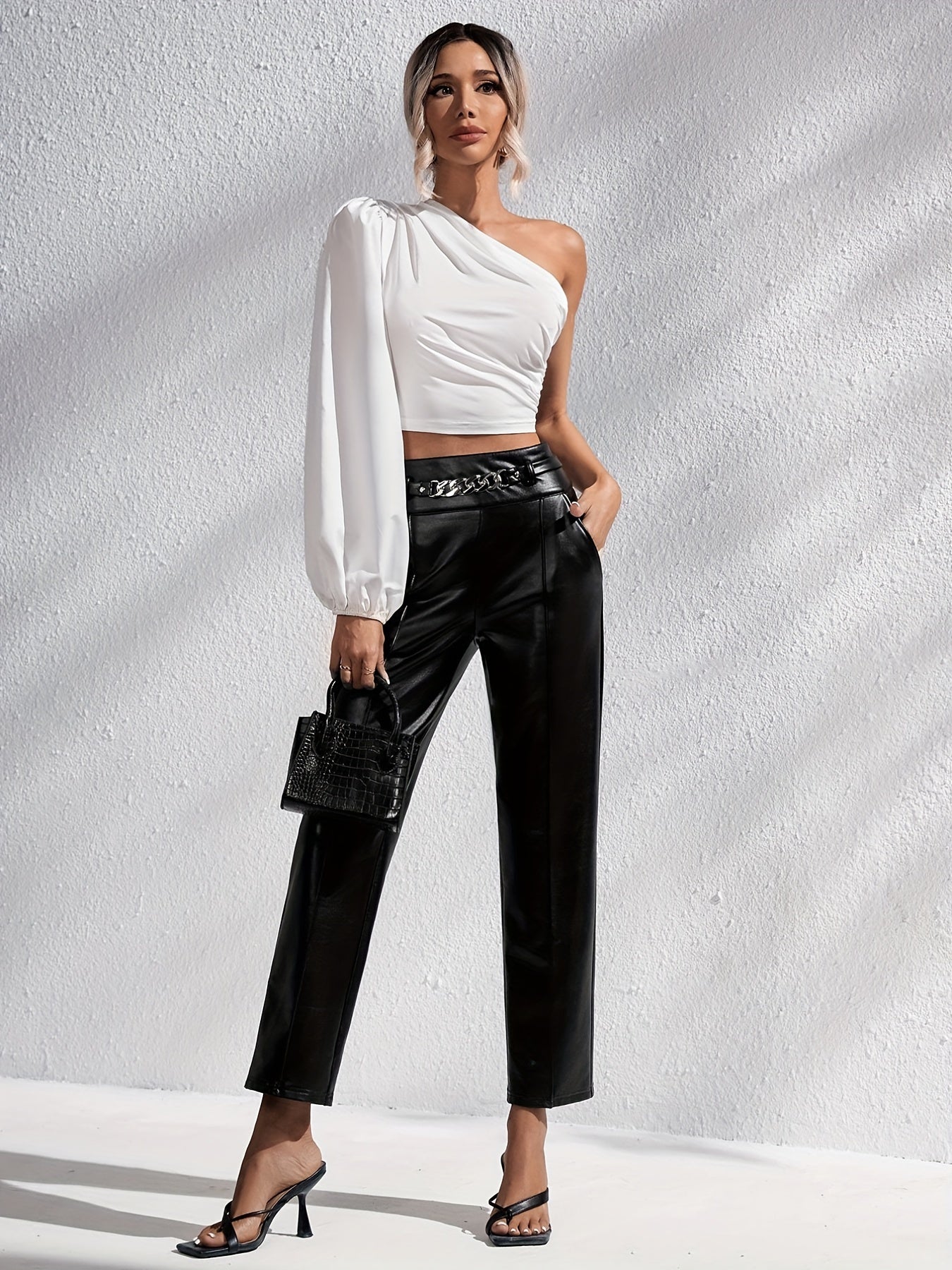 Sixsr Ruched One Shoulder Blouse, Sexy Lantern Long Sleeve Solid Blouse, Women's Clothing